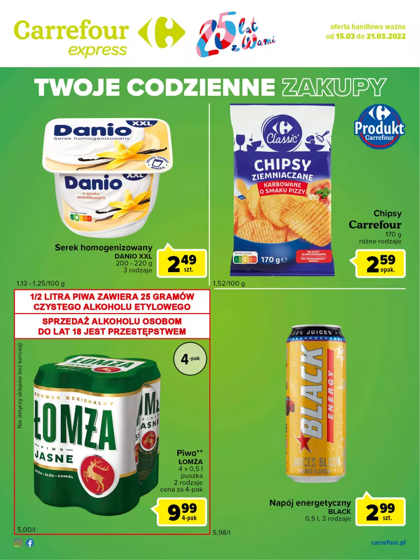 Gazetka promocyjna Carrefour - Gazetka Express - ważna 15.03 do 21.03.2022 - strona 2 - produkty: Chipsy, Danio, Gra, Lack, Napój, Napój energetyczny, Piwa, Ser, Serek, Serek homogenizowany