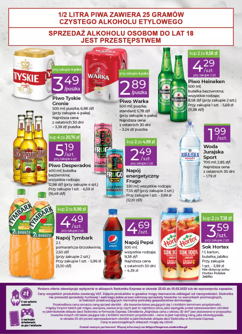 Gazetka promocyjna Stokrotka - Stokrotka Express - ważna 23.02 do 01.03.2023 - strona 4 - produkty: Fa, Gra, Heineken, Hortex, Mięso, Napój, Owoce, Pepsi, Piwa, Piwo, Por, Sok, Telefon, Tyskie, Warka, Warzywa, Woda