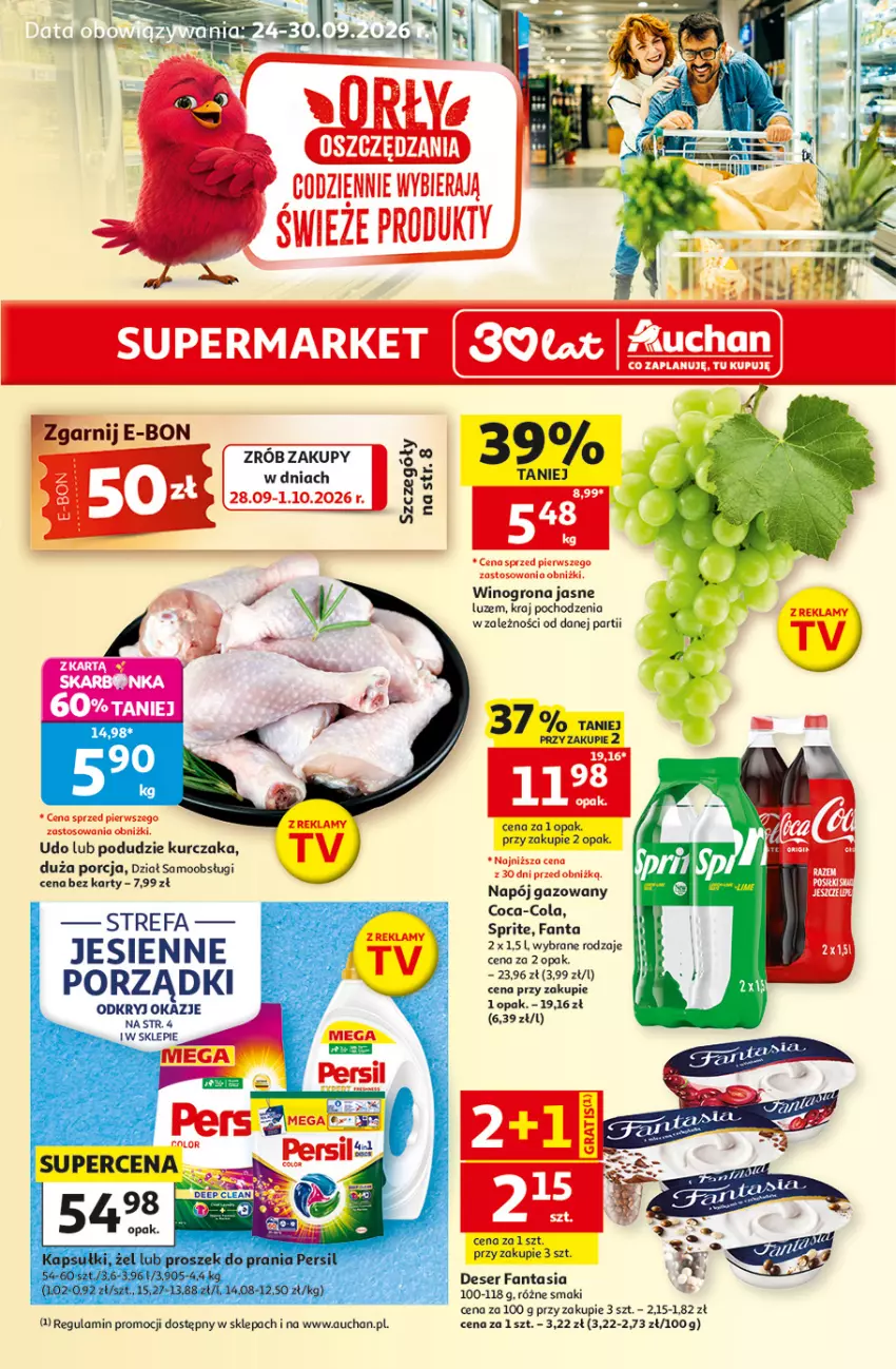 Gazetka promocyjna Auchan - 30 Lat Supermarket - ważna 24.09 do 30.09.2026 - strona 1 - produkty: Coca-Cola, Deser, Fa, Fanta, Kurczak, Napój, Napój gazowany, Por, Ser, Wino, Winogrona