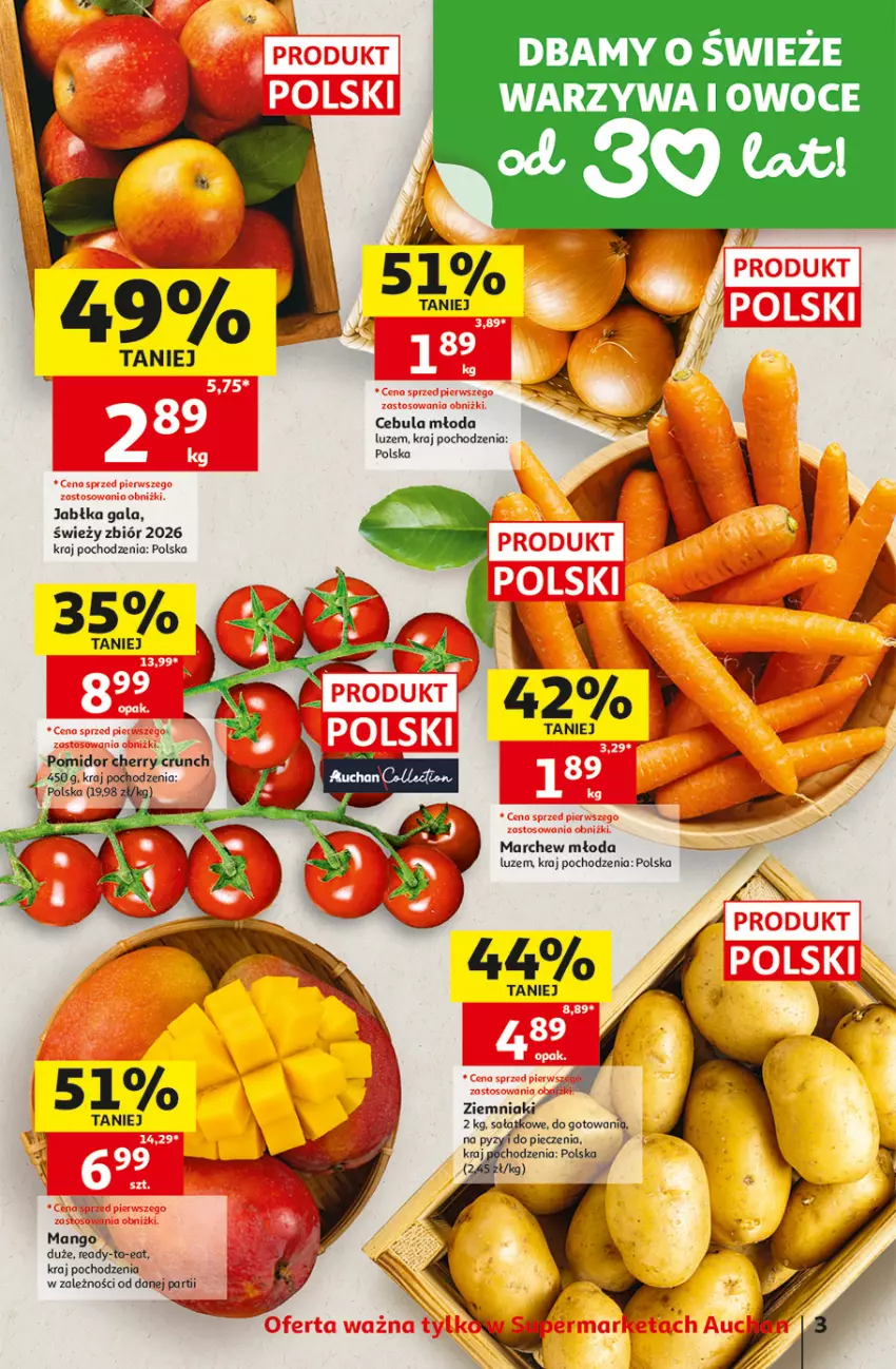 Gazetka promocyjna Auchan - 30 Lat Supermarket - ważna 24.09 do 30.09.2026 - strona 3 - produkty: Cebula, Gala, Jabłka, Mango, Owoce, Piec, Sałat, Warzywa, Warzywa i owoce