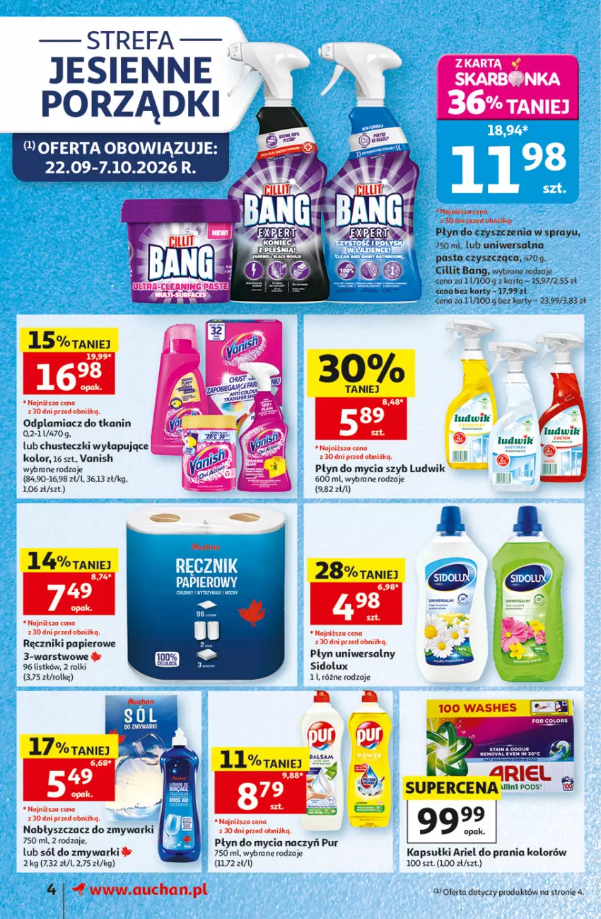 Gazetka promocyjna Auchan - 30 Lat Supermarket - ważna 24.09 do 30.09.2026 - strona 4 - produkty: Ariel, Chusteczki, Cillit Bang, Do mycia naczyń, Fa, Ludwik, Odplamiacz, Papier, Płyn do mycia, Płyn do mycia naczyń, Por, Pur, Ręcznik, Ręczniki papierowe, Rolki, Sidolux, Sól, Vanish, Zmywarki