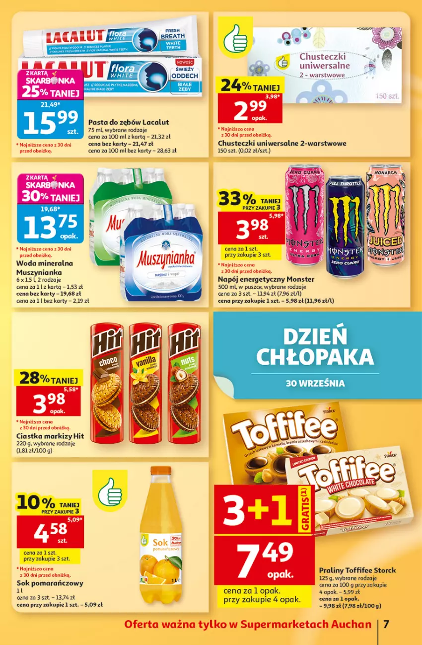 Gazetka promocyjna Auchan - 30 Lat Supermarket - ważna 24.09 do 30.09.2026 - strona 7 - produkty: Chusteczki, Ciastka, Lacalut, Mus, Muszynianka, Napój, Napój energetyczny, Pasta do zębów, Por, Praliny, Sok, Sok pomarańczowy, Toffifee, Woda, Woda mineralna