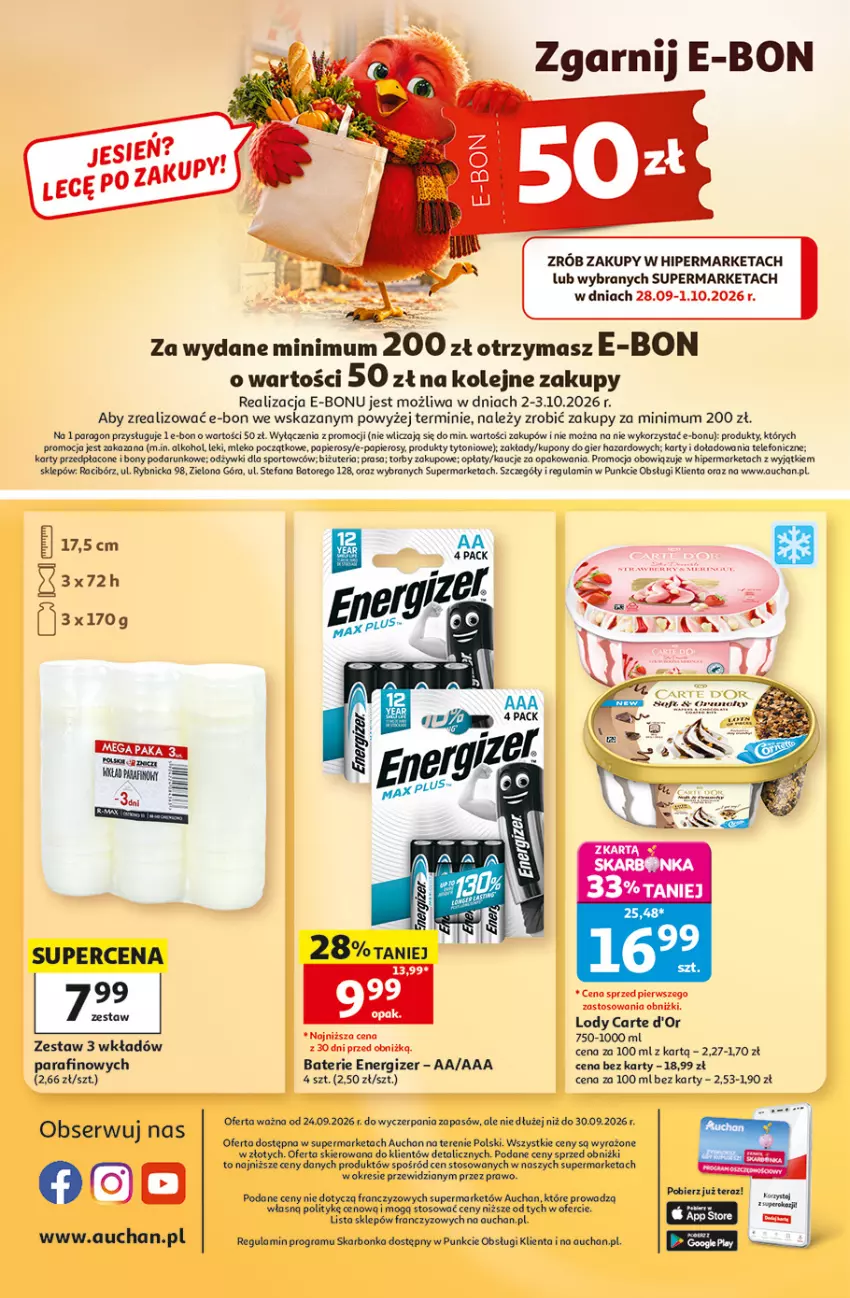 Gazetka promocyjna Auchan - 30 Lat Supermarket - ważna 24.09 do 30.09.2026 - strona 8 - produkty: Carte d'Or, Energizer, Fa, Gra, Lody, Mleko, Olej, Papier, Por, Ser, Sport, Telefon