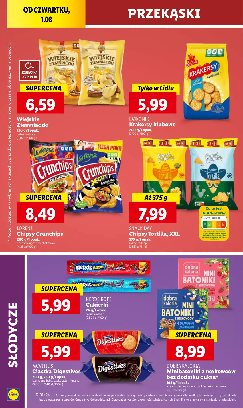 Gazetka promocyjna Lidl - GAZETKA - ważna 01.08 do 03.08.2024 - strona 28 - produkty: Baton, Burger, Chipsy, Ciastka, Crunchips, Cukier, Cukierki, Krakersy, Lajkonik, Lorenz, Tarta, Tonik, Tortilla