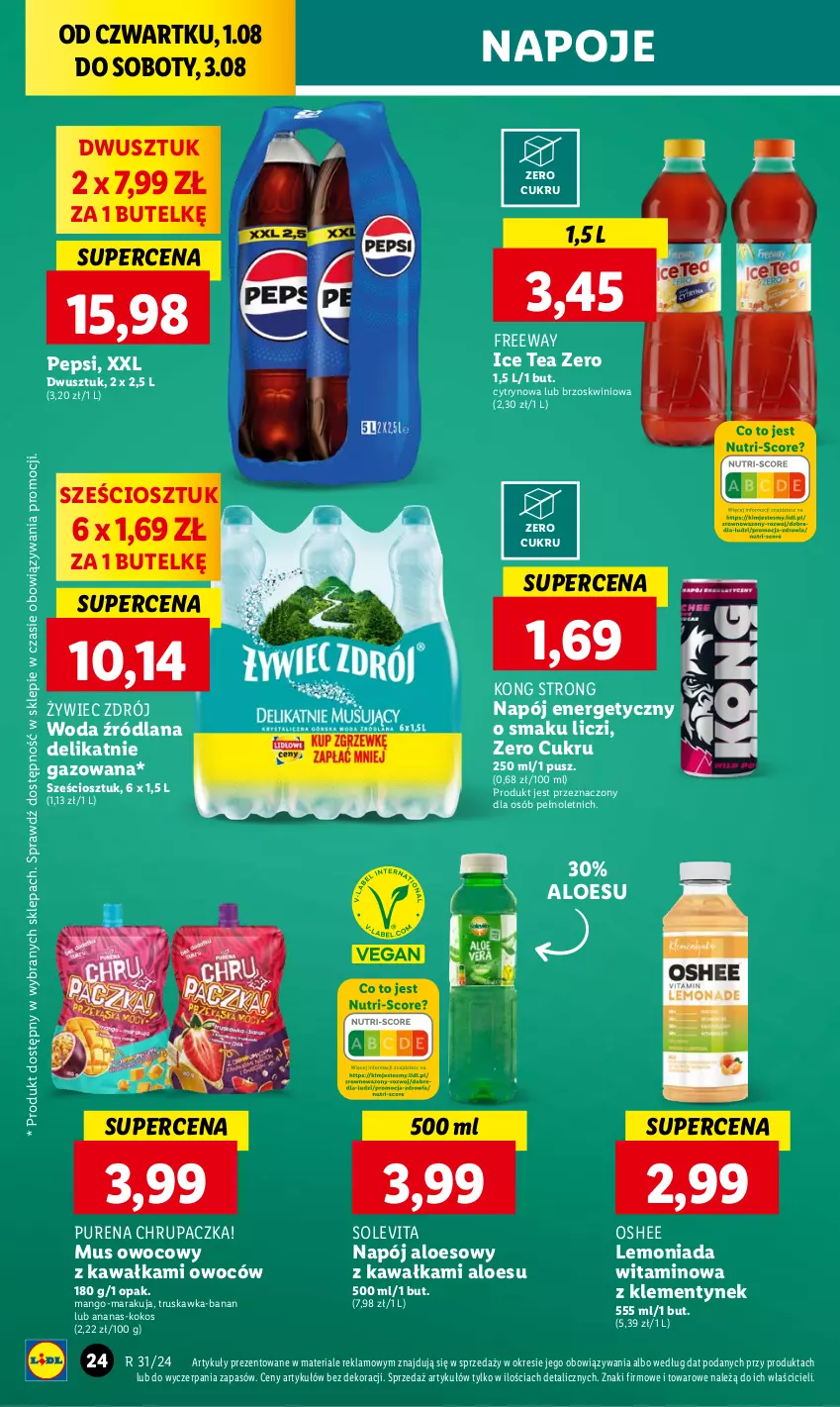 Gazetka promocyjna Lidl - GAZETKA - ważna 01.08 do 03.08.2024 - strona 30 - produkty: Ananas, Ice tea, Kawa, Kokos, LANA, Lemoniada, Liczi, Mango, Mus, Napój, Napój energetyczny, Napoje, Oshee, Pepsi, Pur, Woda