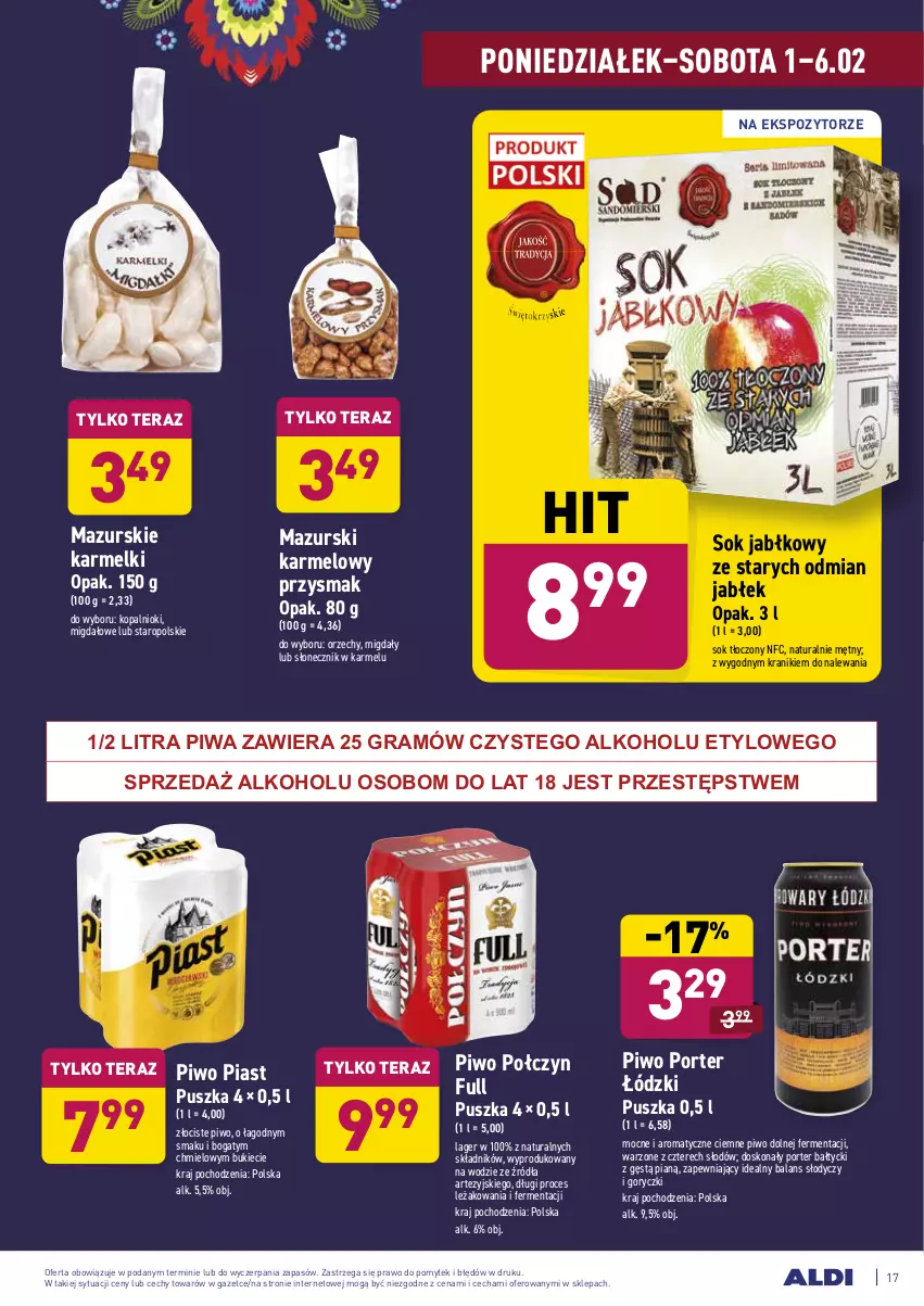 Gazetka promocyjna Aldi - ALE! CENA - ważna 01.02 do 06.02.2021 - strona 17 - produkty: Gra, Migdały, Piast, Piwa, Piwo, Por, Sok, Sok jabłkowy, Tera