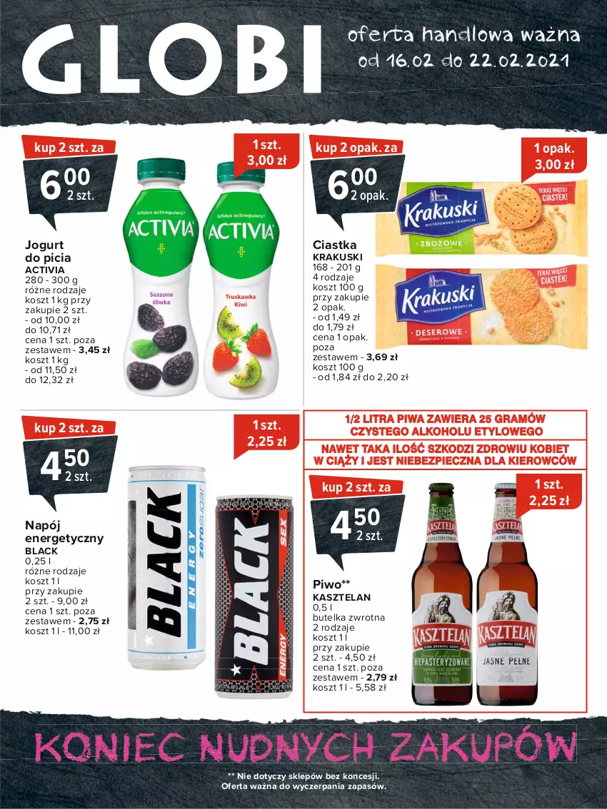 Gazetka promocyjna Carrefour - Gazetka Globi - ważna 15.02 do 22.02.2021 - strona 1 - produkty: Activia, Ciastka, Gra, Jogurt, Kasztelan, Kosz, Krakus, Krakuski, Lack, Napój, Napój energetyczny, Piec, Piwa, Piwo