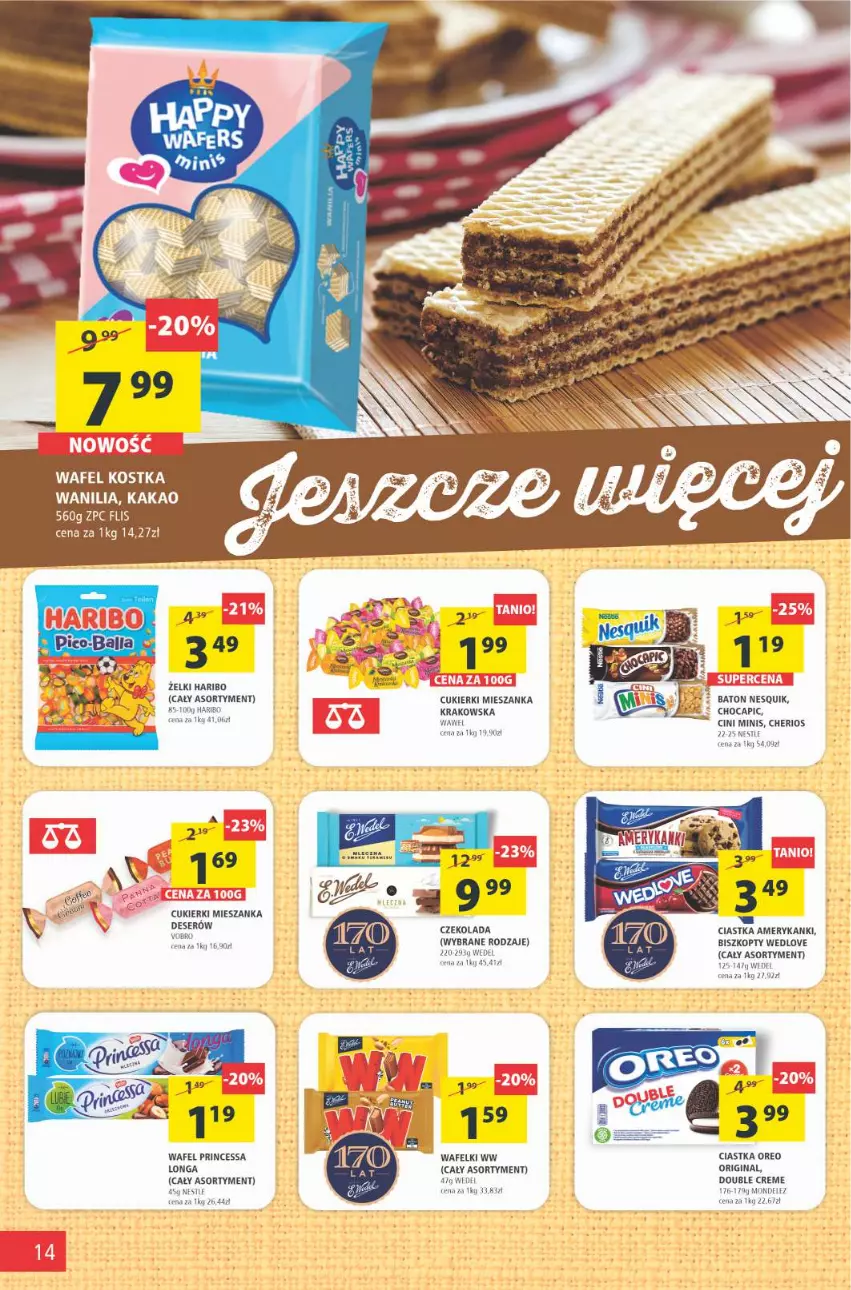 Gazetka promocyjna Arhelan - Gazetka - ważna 09.04 do 18.04.2021 - strona 14 - produkty: Baton, Biszkopty, Ciastka, Cini Minis, Cukier, Cukierki, Czekolada, Deser, Gin, Haribo, Kakao, Kosz, Nesquik, Oreo, Princessa, Ser