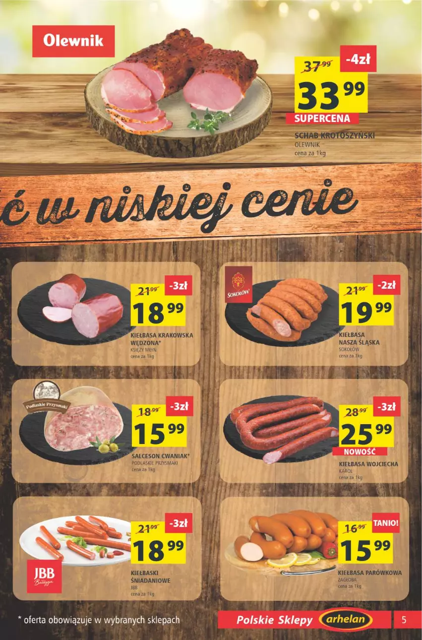 Gazetka promocyjna Arhelan - Gazetka - ważna 09.04 do 18.04.2021 - strona 5 - produkty: Danio, Kiełbasa, Kiełbasa krakowska, Olewnik, Podlaski, Przysmaki, Salceson, Sok, Sokołów