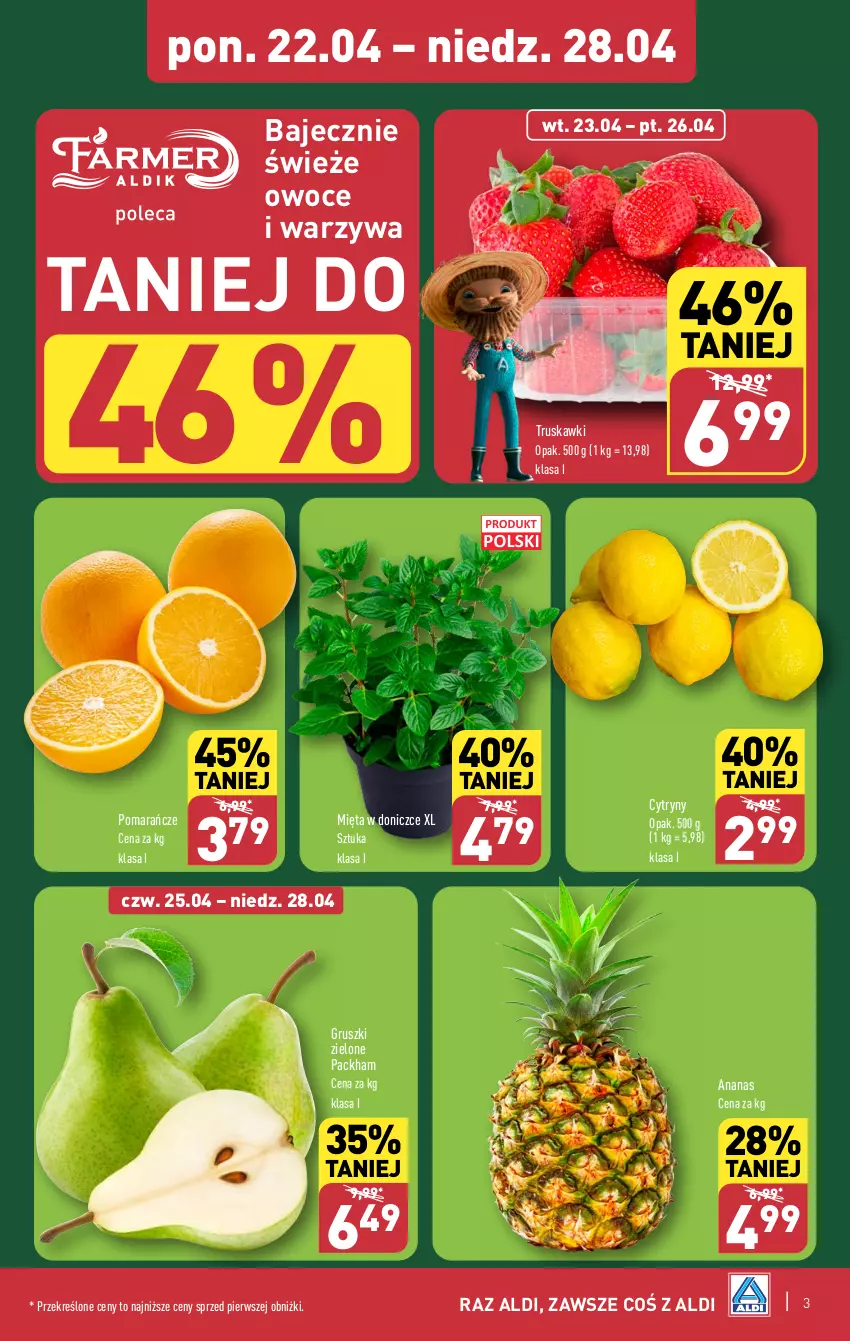 Gazetka promocyjna Aldi - Pełna oferta - ważna 22.04 do 28.04.2024 - strona 3 - produkty: Ananas, Cytryny, Gruszki, Mięta, Owoce, Pomarańcze, Truskawki, Warzywa