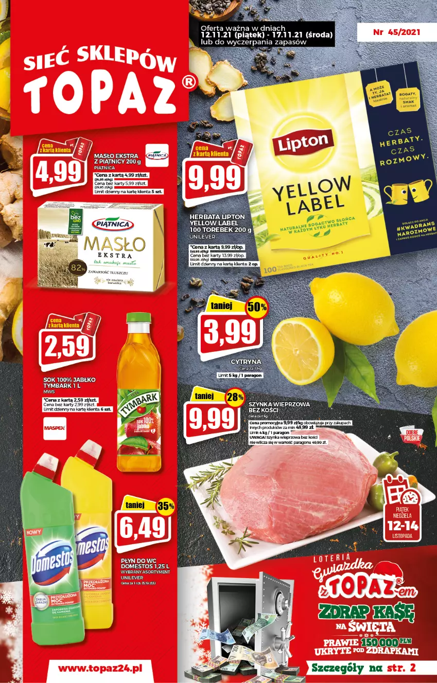 Gazetka promocyjna Topaz - Gazetka - ważna 12.11 do 17.11.2021 - strona 1 - produkty: GRID, Herbata, Lipton, Piątnica, Sok, Szynka, Tymbark