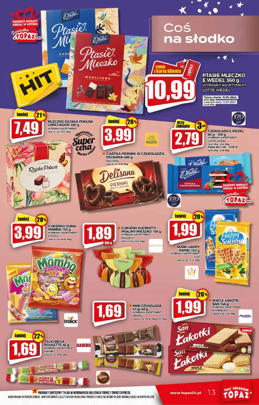 Gazetka promocyjna Topaz - Gazetka - ważna 12.11 do 17.11.2021 - strona 13 - produkty: Ciastka, Cukier, Cukierki, Czekolada, Haribo, Isana, Klej, Mleczko, Piernik, Pierniki w czekoladzie, Ptasie mleczko, Rurki, Sok, Top, Wafle, Wawel