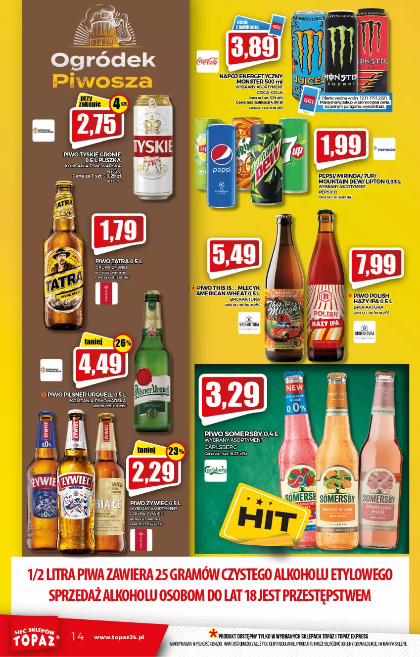 Gazetka promocyjna Topaz - Gazetka - ważna 12.11 do 17.11.2021 - strona 14 - produkty: 7up, Carlsberg, Fa, Gra, Lipton, Mirinda, Pepsi, Pilsner Urquell, Piwa, Piwo, Sok, Somersby, Tatra, Top, Tyskie