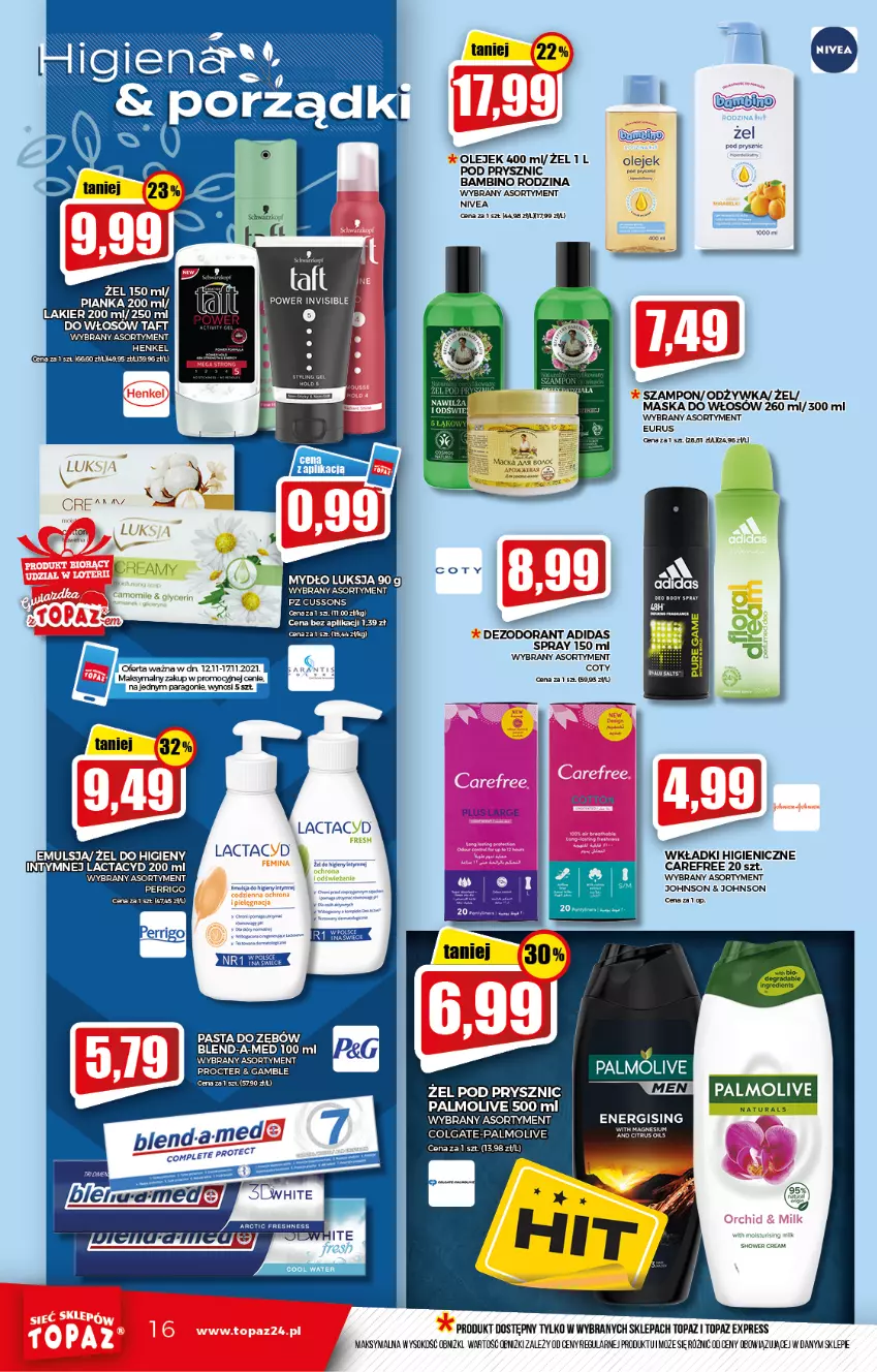 Gazetka promocyjna Topaz - Gazetka - ważna 12.11 do 17.11.2021 - strona 16 - produkty: Adidas, Blend-a-Med, Body, Carefree, Colgate, Dezodorant, Emulsja, Lactacyd, LG, Luksja, Maska, Maska do włosów, Mydło, Nivea, Odżywka, Olej, Palmolive, Pasta do zębów, Sok, Szampon, Top, Wkładki