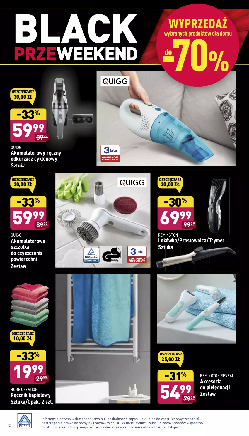 Gazetka promocyjna Aldi - Katalog Moda i Dom - ważna 22.11 do 27.11.2021 - strona 12 - produkty: Akumulator, Lack, Lokówka, Odkurzacz, Ręcznik, Ręcznik kąpielowy, Remington, Szczotka