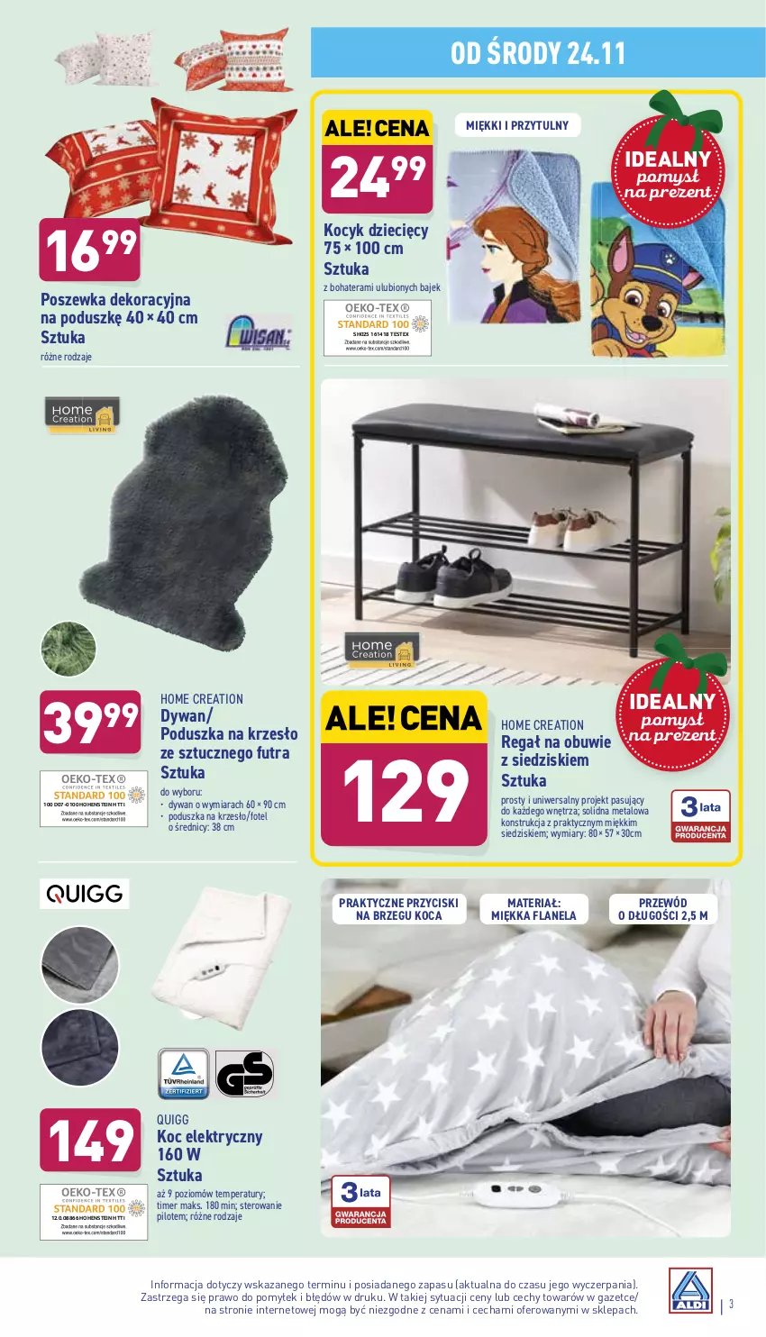 Gazetka promocyjna Aldi - Katalog Moda i Dom - ważna 22.11 do 27.11.2021 - strona 3 - produkty: Dywan, Dzieci, Fotel, Koc, Krzesło, Obuwie, Poduszka, Poszewka, Przewód, Regał, Tera