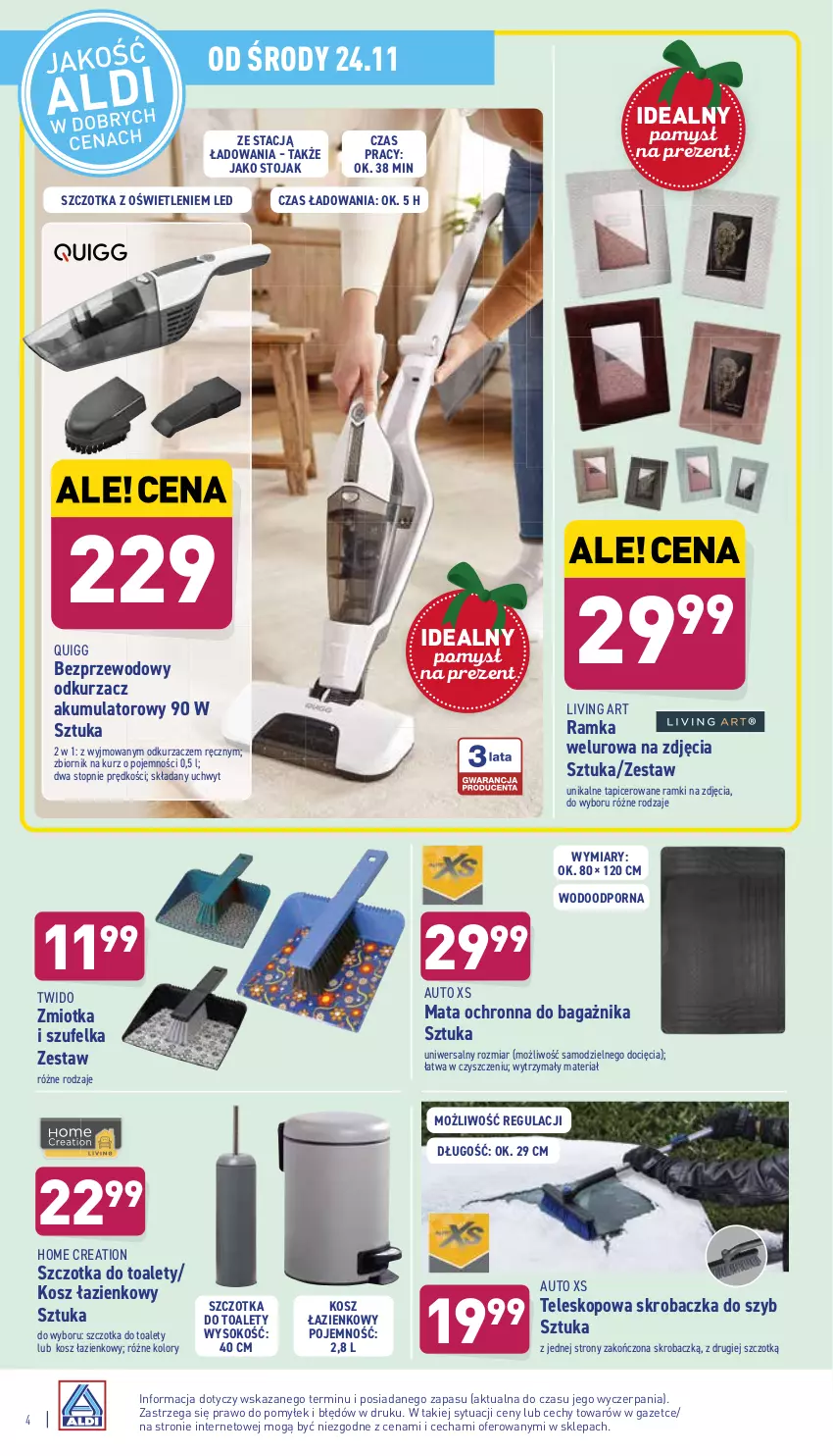 Gazetka promocyjna Aldi - Katalog Moda i Dom - ważna 22.11 do 27.11.2021 - strona 4 - produkty: Akumulator, Kosz, Kosz łazienkowy, Mata ochronna, O Bag, Odkurzacz, Odkurzacze, Por, Ramka, Skrobaczka, Skrobaczka do szyb, Sok, Stojak, Szczotka, Szufelka, Teleskop, Top