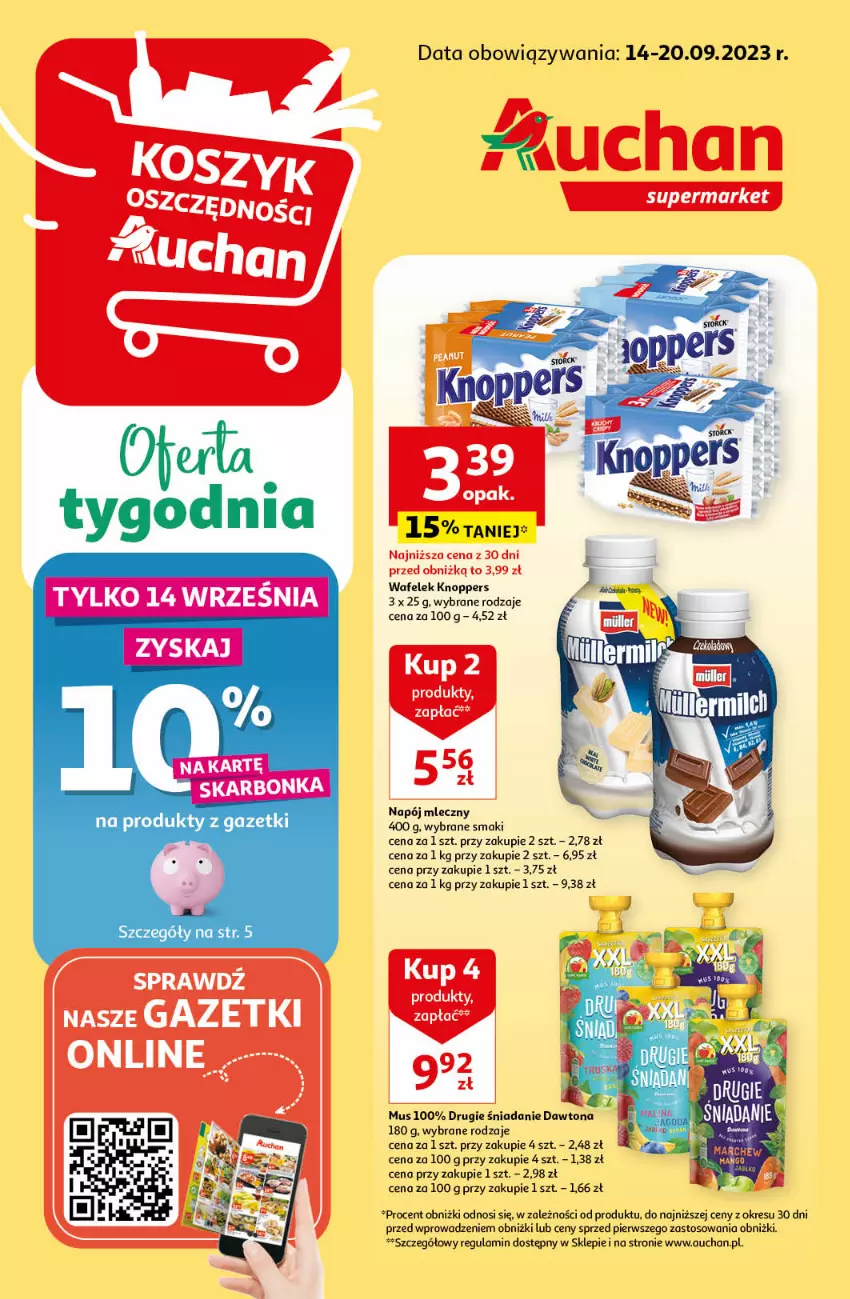 Gazetka promocyjna Auchan - Gazetka MAXI Rewelacje! Supermarket Auchan - ważna 14.09 do 20.09.2023 - strona 1 - produkty: Dawtona, Knoppers, Mus, Napój, Napój mleczny, Wafelek