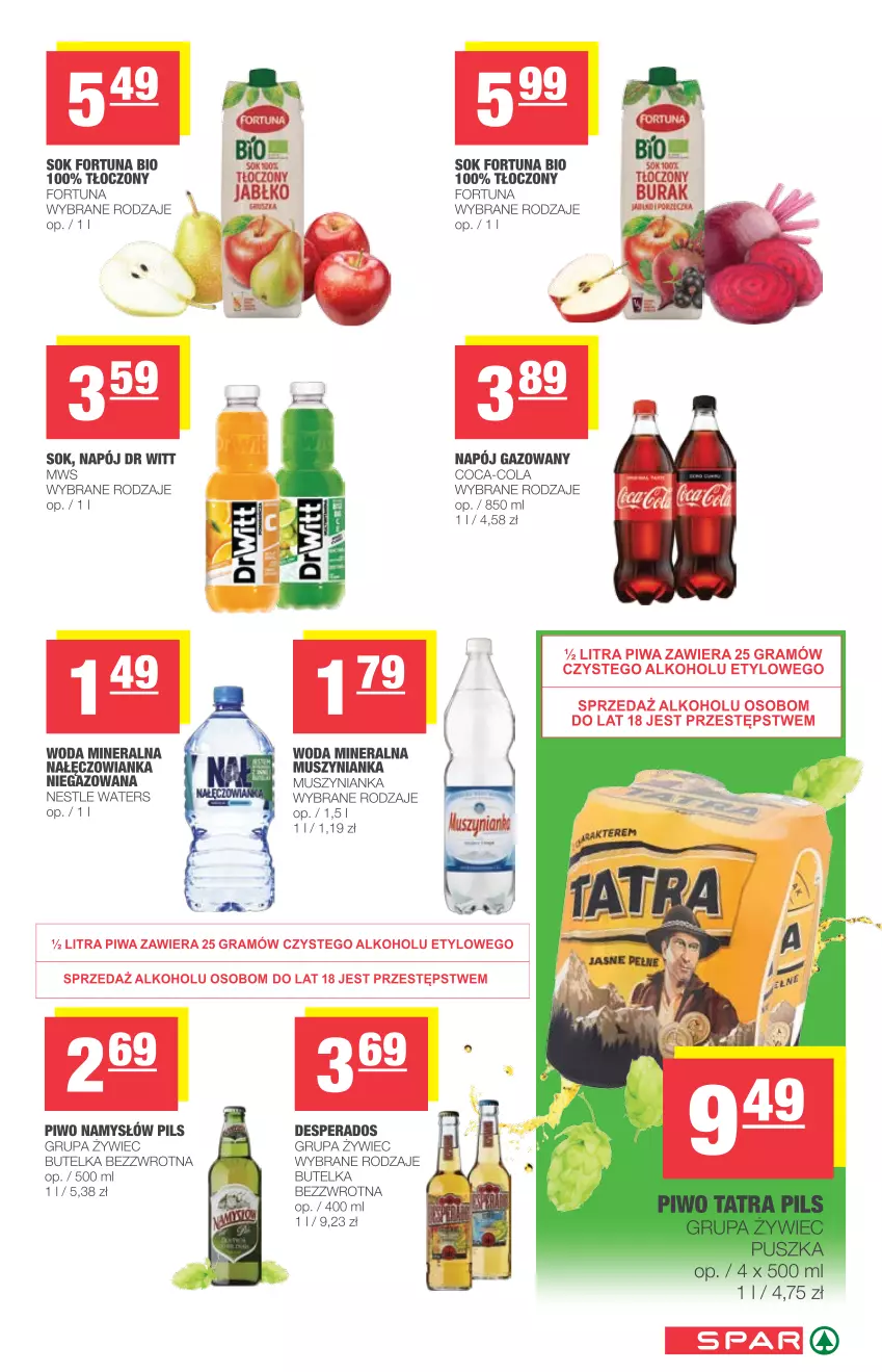 Gazetka promocyjna Spar - Spar - ważna 07.04 do 13.04.2021 - strona 7 - produkty: Coca-Cola, Desperados, Fortuna, Gra, Mus, Muszynianka, Nałęczowianka, Namysłów, Napój, Napój gazowany, Piwa, Piwo, Sok, Woda, Woda mineralna