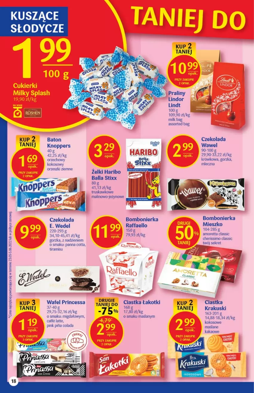 Gazetka promocyjna Delikatesy Centrum - Gazetka DC28 - ważna 21.07 do 27.07.2022 - strona 18 - produkty: Baton, Ciastka, Czekolada, E. Wedel, Fa, Haribo, Kakao, Knoppers, Kokos, Krakus, Krakuski, Kret, Lindor, Lindt, Orzeszki, Orzeszki ziemne, Panna cotta, Praliny, Princessa, Raffaello, Ser, Wawel