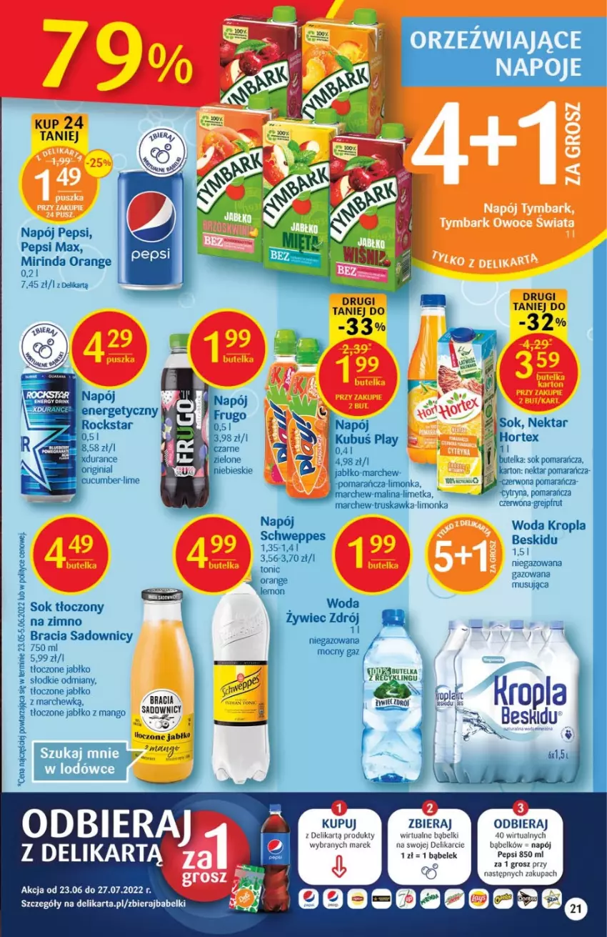 Gazetka promocyjna Delikatesy Centrum - Gazetka DC28 - ważna 21.07 do 27.07.2022 - strona 21 - produkty: Fa, Gin, Grejpfrut, Hortex, Kubuś, Limonka, Mango, Mirinda, Mus, Napój, Nektar, Pepsi, Pepsi max, Schweppes, Sok, Woda