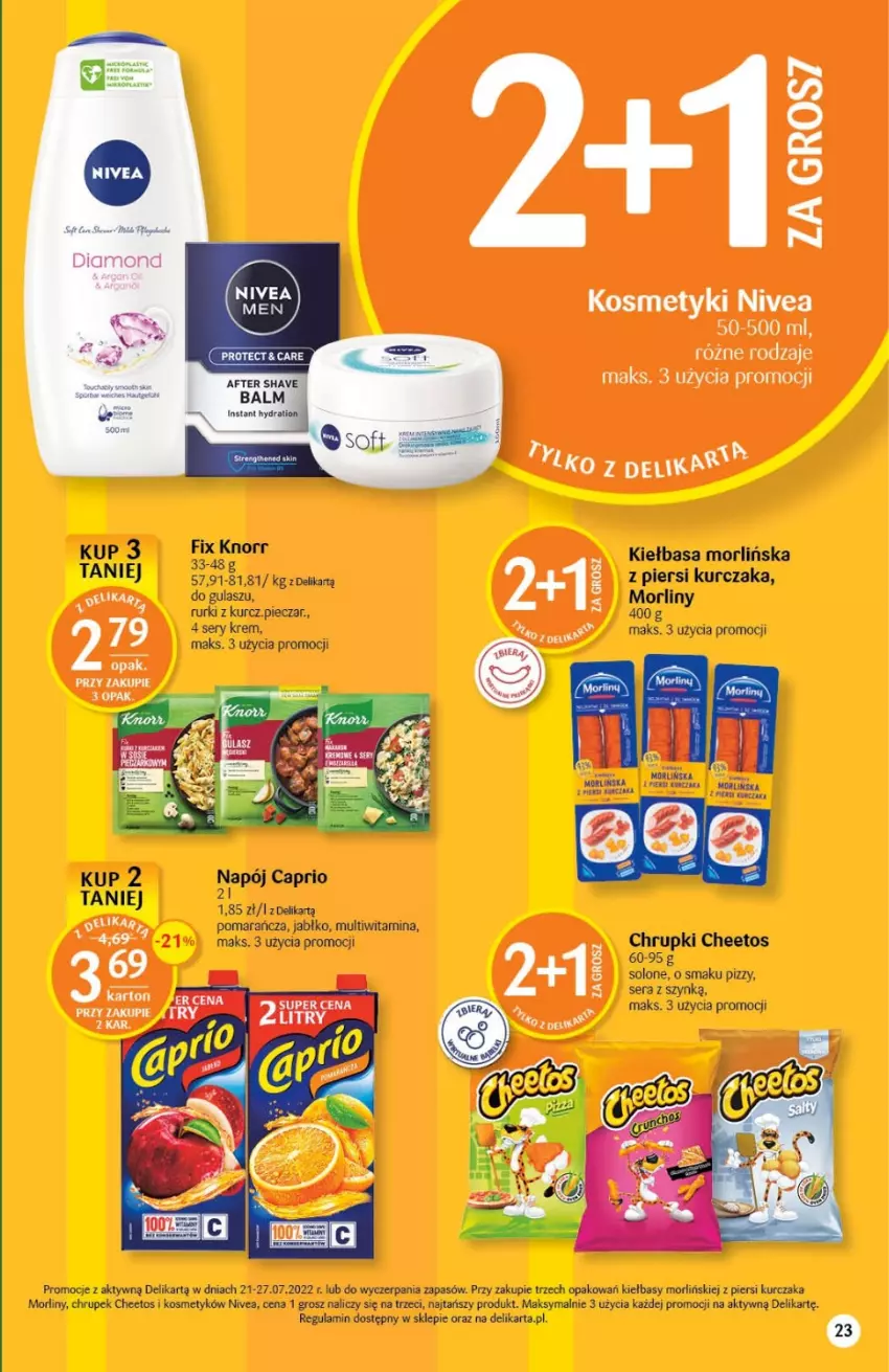 Gazetka promocyjna Delikatesy Centrum - Gazetka DC28 - ważna 21.07 do 27.07.2022 - strona 23 - produkty: Cheetos, Chrupki, Kiełbasa, Kurczak, Morliny, Napój, Nivea, Piec, Rurki, Ser