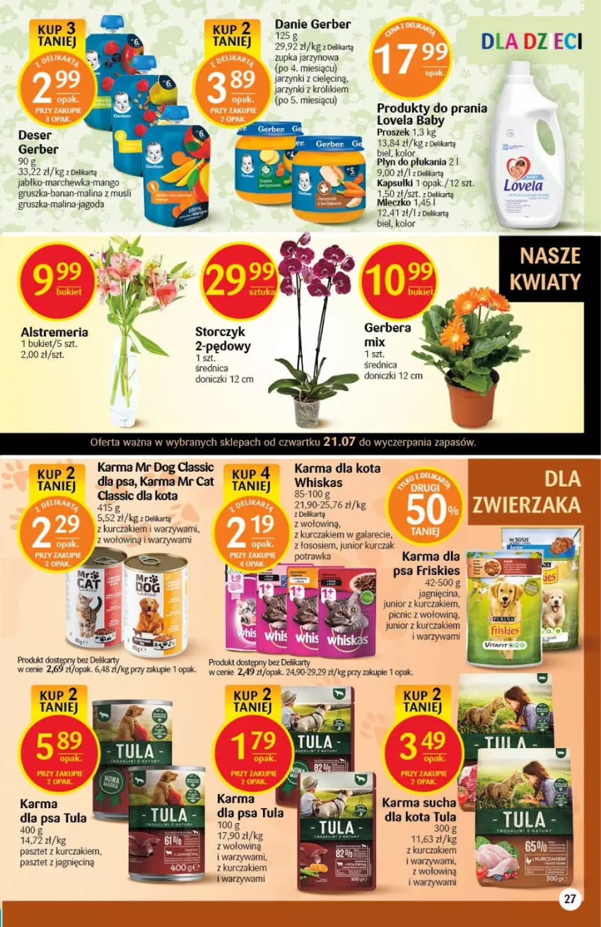 Gazetka promocyjna Delikatesy Centrum - Gazetka DC28 - ważna 21.07 do 27.07.2022 - strona 27 - produkty: Bukiet, Deser, Friskies, Gala, Gerber, Królik, Kurczak, Lovela, Mango, Marchewka, Mleczko, Mus, Pasztet, Ser, Sos, Storczyk, Warzywa, Whiskas