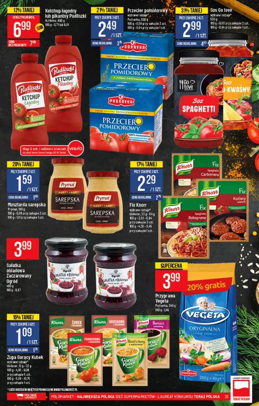 Gazetka promocyjna PoloMarket - Gazetka pomocyjna - ważna 02.01 do 11.01.2022 - strona 31 - produkty: Ketchup, Knorr, Kubek, Laur, Mus, Musztarda, Prymat, Pudliszki, Spaghetti, Tera, Vegeta, Zupa