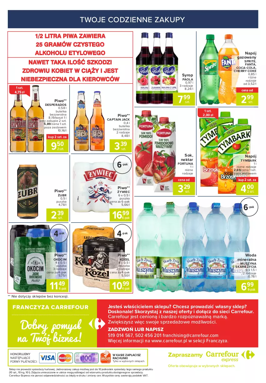 Gazetka promocyjna Carrefour - Gazetka Express - ważna 08.03 do 15.03.2021 - strona 6 - produkty: Captain Jack, Coca-Cola, Desperados, Fa, Fanta, Fortuna, Gra, Koc, Kosz, Kozel, Mus, Napój, Napój gazowany, Nektar, Okocim, Paola, Piec, Piwa, Piwo, Sok, Sprite, Stek, Syrop, Szyna, Tymbark, Woda, Woda mineralna