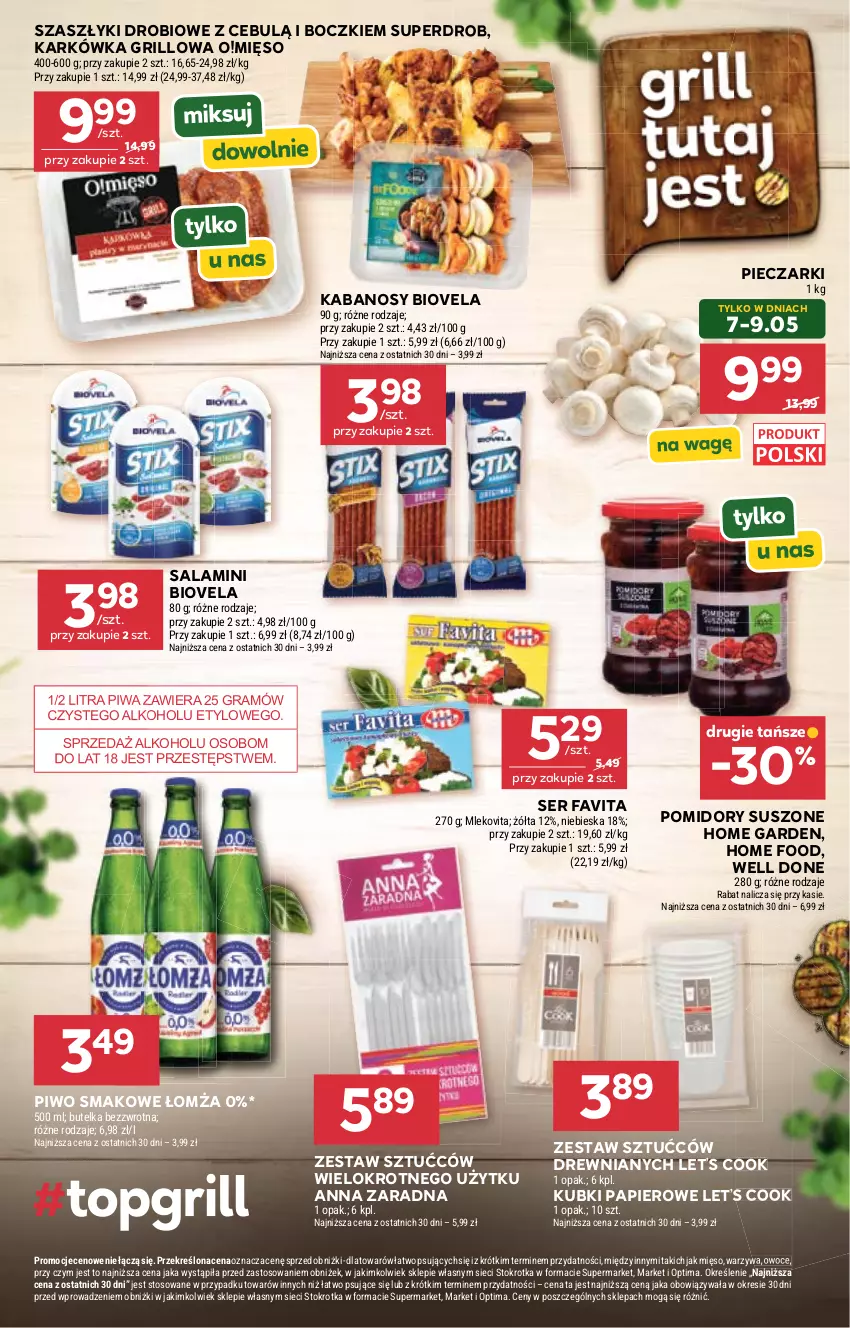 Gazetka promocyjna Stokrotka - Supermarket - ważna 07.05 do 13.05.2026 - strona 24 - produkty: Fa, Favita, Gra, Grill, Kabanos, Mięso, Mleko, Mlekovita, Optima, Owoce, Papier, Piec, Piwa, Piwo, Pomidory, Salami, Ser, Warzywa, Zestaw sztućców