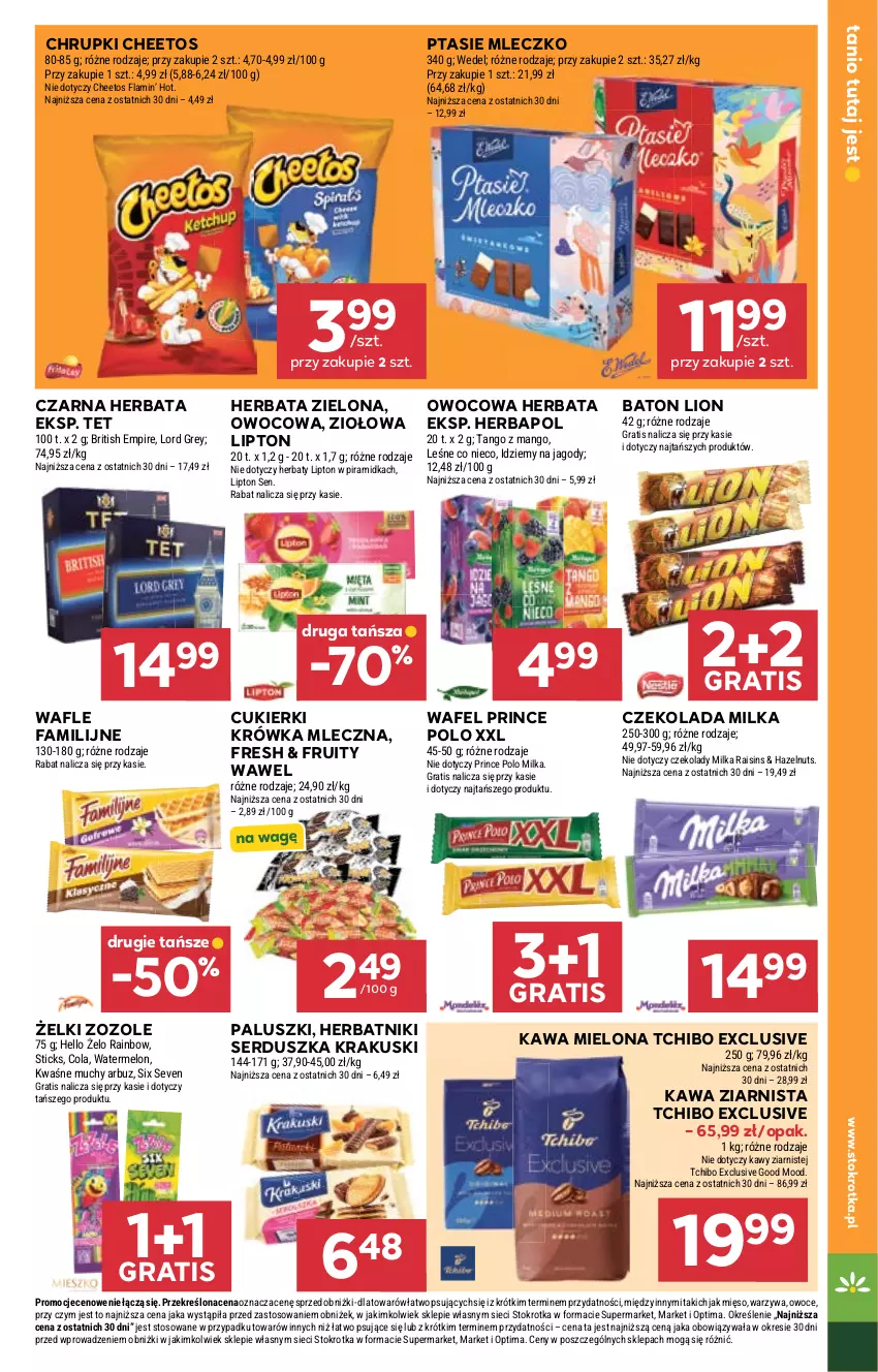 Gazetka promocyjna Stokrotka - Supermarket - ważna 07.05 do 13.05.2026 - strona 30 - produkty: Arbuz, Baton, Brit, Cheetos, Chrupki, Cukier, Cukierki, Czekolada, Fa, Gra, Herbapol, Herbata, Herbatniki, Jagody, Kawa, Kawa mielona, Kawa ziarnista, Krakus, Krakuski, Lion, Lipton, Mango, Melon, Mięso, Milka, Mleczko, Optima, Owoce, Prince Polo, Ptasie mleczko, Ser, Tchibo, Wafle, Warzywa, Wawel