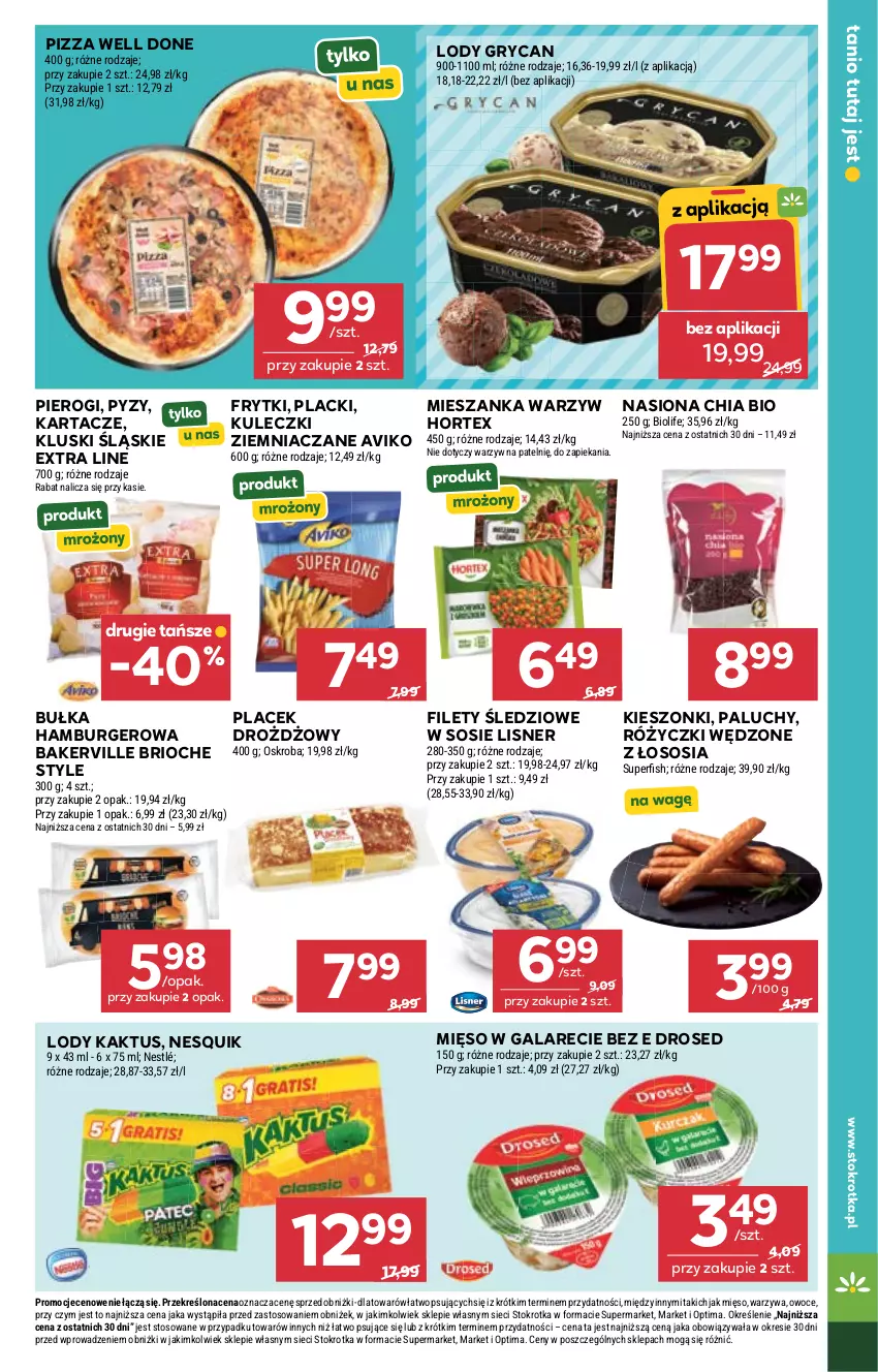 Gazetka promocyjna Stokrotka - Supermarket - ważna 07.05 do 13.05.2026 - strona 34 - produkty: Bułka, Bułka hamburger, Burger, Chia, Frytki, Gala, Gry, Hamburger, Hortex, Kaktus, Lack, Lisner, Lody, Mięso, Mięso w galarecie, Mieszanka warzyw, Nesquik, Nestlé, Optima, Owoce, Pierogi, Pizza, Sos, Warzywa