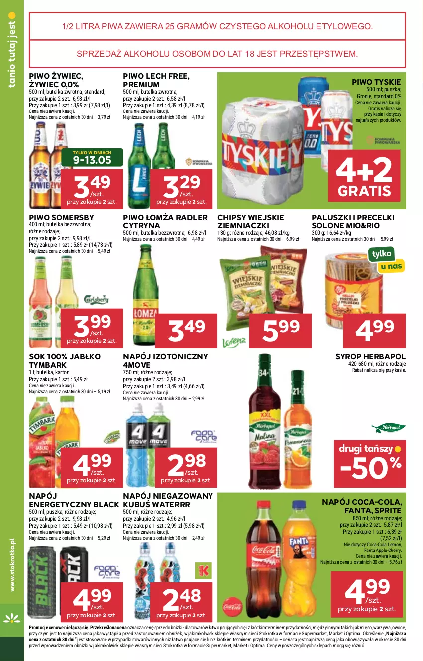Gazetka promocyjna Stokrotka - Supermarket - ważna 07.05 do 13.05.2026 - strona 35 - produkty: Chipsy, Coca-Cola, Fa, Fanta, Gra, Herbapol, Kubuś, Kubuś Waterrr, Lack, Mięso, Napój, Napój izotoniczny, Napój niegazowany, Optima, Owoce, Piwa, Piwo, Precelki, Radler, Sok, Somersby, Sprite, Syrop, Tymbark, Tyskie, Warzywa