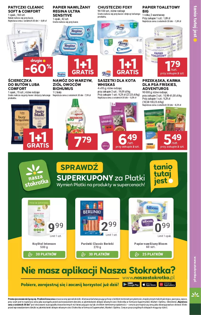 Gazetka promocyjna Stokrotka - Supermarket - ważna 07.05 do 13.05.2026 - strona 42 - produkty: Adventuros, Biohumus, Chusteczki, Cleanic, Foxy, Friskies, Gin, Gra, Ksylitol, Mięso, Mus, Nawóz, Optima, Owoce, Papier, Papier toaletowy, Parówki, Warzywa, Whiskas