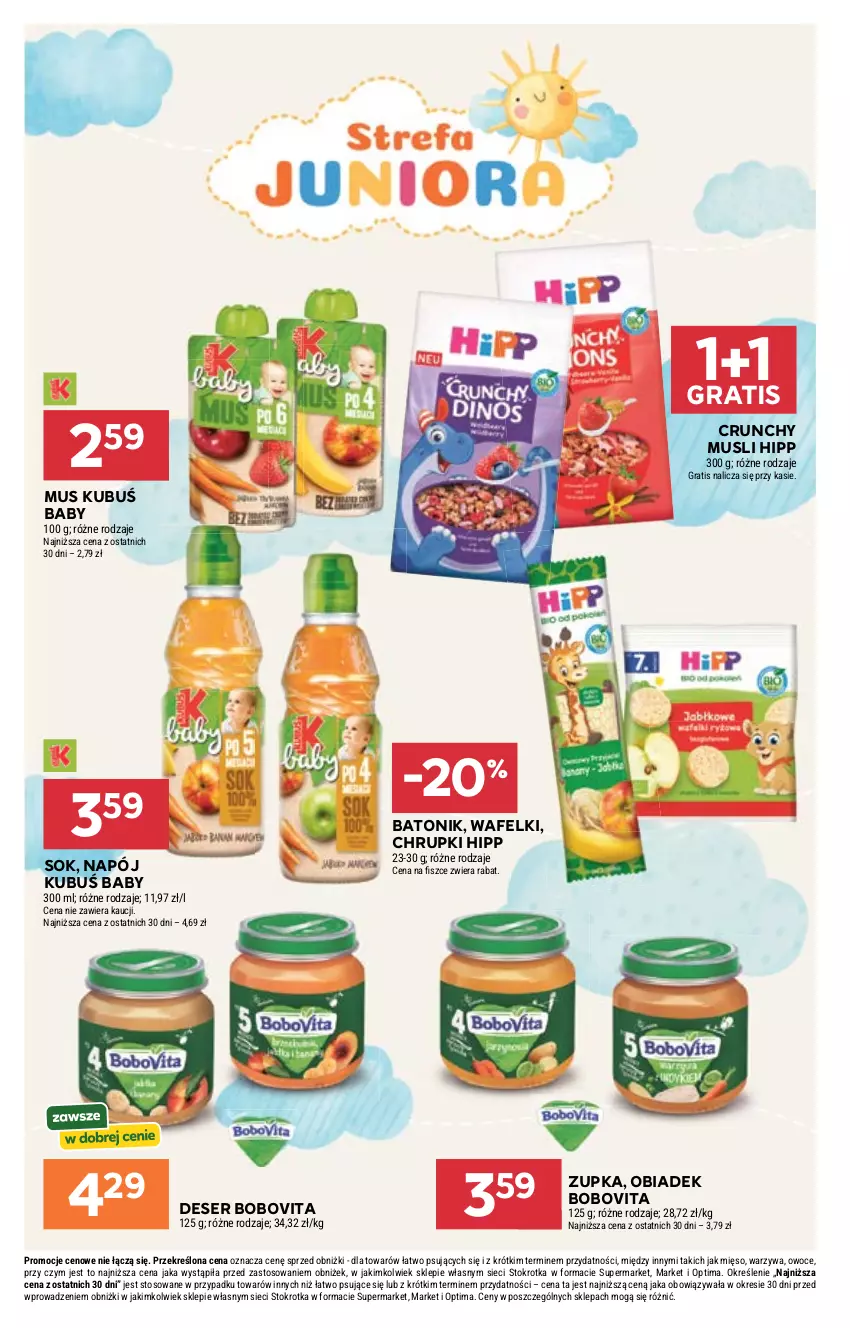 Gazetka promocyjna Stokrotka - Supermarket - ważna 07.05 do 13.05.2026 - strona 43 - produkty: Baton, BoboVita, Chrupki, Deser, Gra, HiPP, Kubuś, Mięso, Mus, Napój, Optima, Owoce, Ser, Sok, Tonik, Warzywa