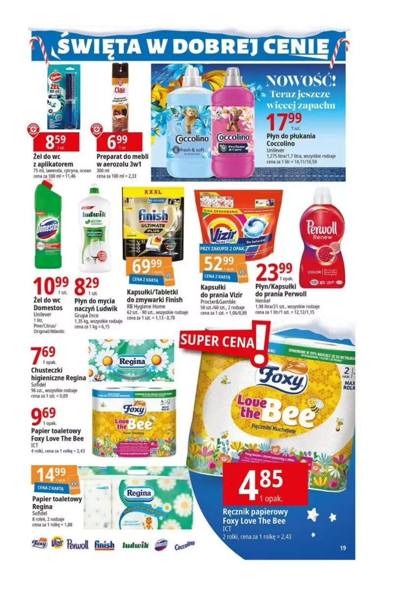 Gazetka promocyjna E Leclerc - ważna 12.12 do 23.12.2023 - strona 11 - produkty: Chusteczki, Coccolino, Domestos, Finish, Foxy, Gin, Papier, Papier toaletowy, Płyn do mycia, Rolki, Tablet