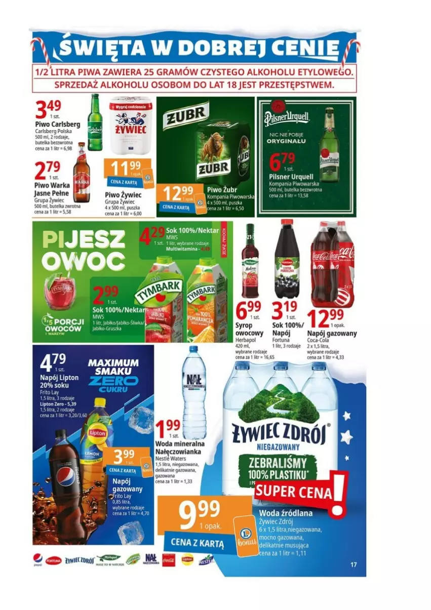 Gazetka promocyjna E Leclerc - ważna 12.12 do 23.12.2023 - strona 9 - produkty: Carlsberg, Gin, Gra, Mus, Napój, Napój gazowany, Pilsner Urquell, Piwa, Piwo, Sok, Warka, Woda