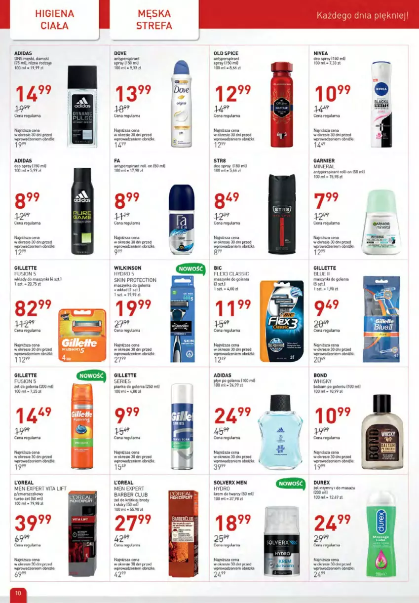 Gazetka promocyjna Drogerie Jawa - ważna 06.05 do 05.06.2023 - strona 10 - produkty: Adidas, Antyperspirant, Balsam po goleniu, BIC, Dove, Durex, Fa, Fusion, Garnier, Gillette, Krem do twarzy, Maszynka, Maszynka do golenia, Nivea, Old Spice, Pianka do golenia, Ser, Str8, Szynka, Whisky