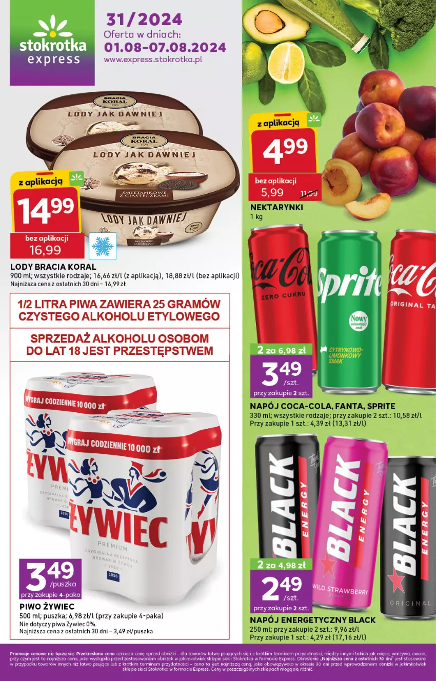 Gazetka promocyjna Stokrotka - Stokrotka Express - ważna 01.08 do 07.07.2024 - strona 1 - produkty: Coca-Cola, Fa, Fanta, Gra, Lack, Lody, Mięso, Napój, Napój energetyczny, Owoce, Piwa, Piwo, Sprite, Warzywa