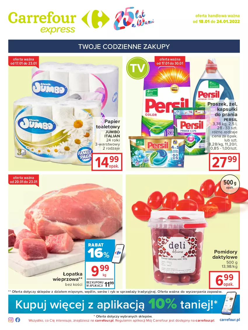 Gazetka promocyjna Carrefour - Gazetka Express - ważna 18.01 do 24.01.2022 - strona 1 - produkty: Kapsułki do prania, Papier, Papier toaletowy, Persil, Pomidory, Rolki, Ser