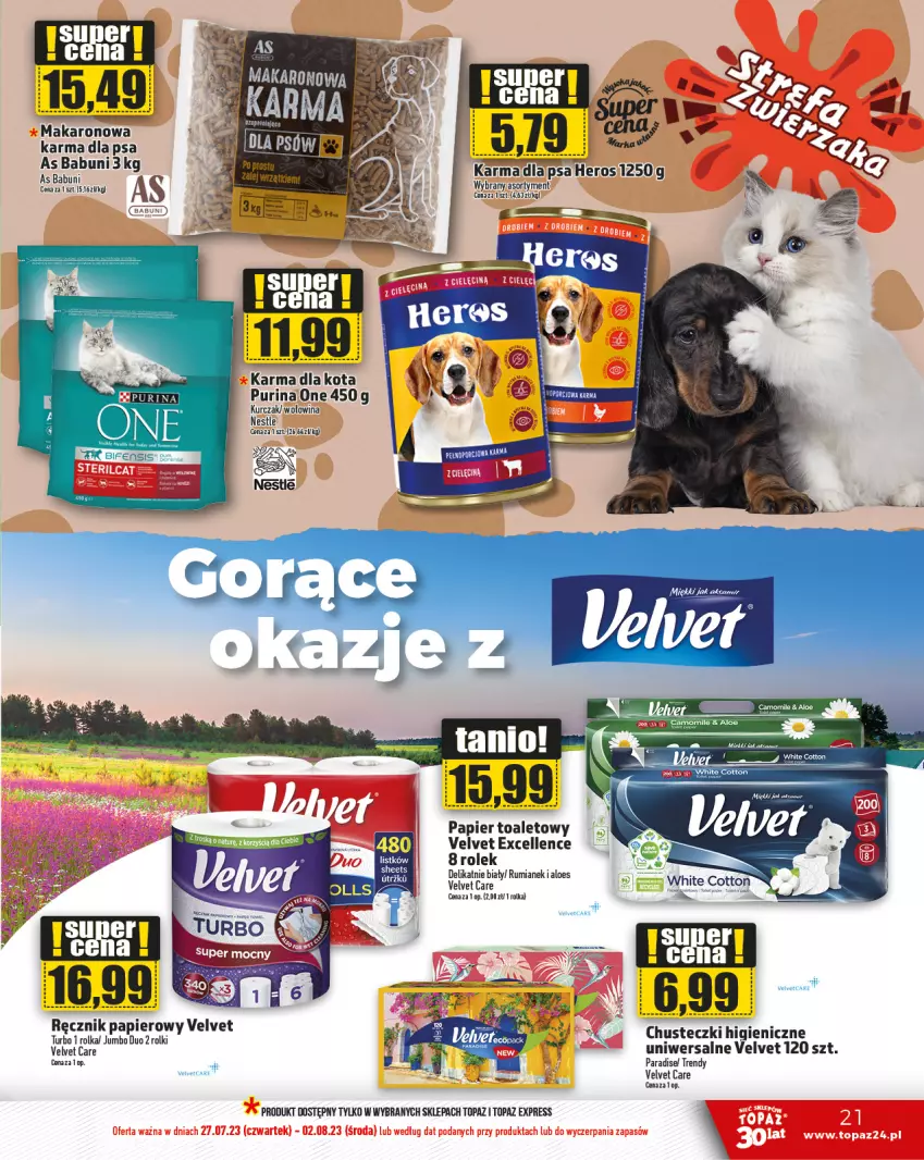 Gazetka promocyjna Topaz - Gazetka - ważna 27.07 do 02.08.2023 - strona 21 - produkty: Chusteczki, Fa, Kurczak, Makaron, Papier, Pur, Purina, Ręcznik, Rolki, Rum, Top, Velvet, Wołowina