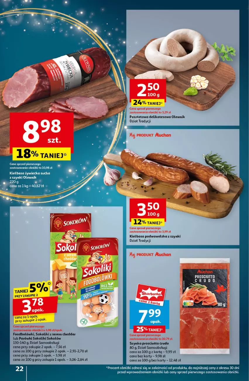 Gazetka promocyjna Auchan - Pewność Niskich Cen Hipermarket - ważna 21.11 do 27.11.2024 - strona 24 - produkty: Cheddar, Kiełbasa, Kiełbasa podwawelska, Olewnik, Parówki, Parówki sokoliki, Pasztet, Prosciutto, Ser, Sok, Sokołów, Szynka, Wawel