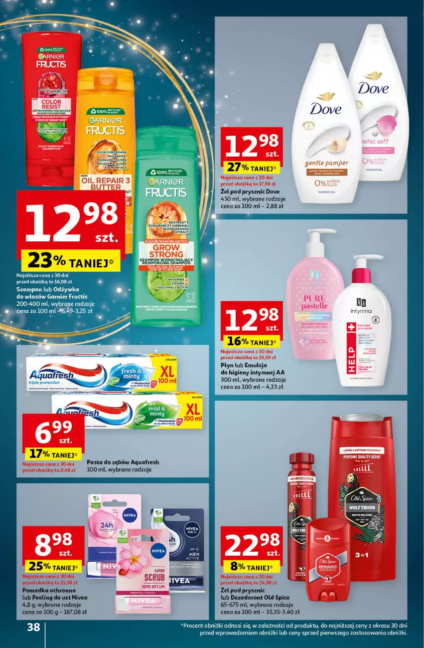 Gazetka promocyjna Auchan - Pewność Niskich Cen Hipermarket - ważna 21.11 do 27.11.2024 - strona 40 - produkty: Aquafresh, Dezodorant, Dove, Emulsja, Fa, Fructis, Garnier, Nivea, Odżywka, Old Spice, Olej, Pasta do zębów, Peeling, Szampon