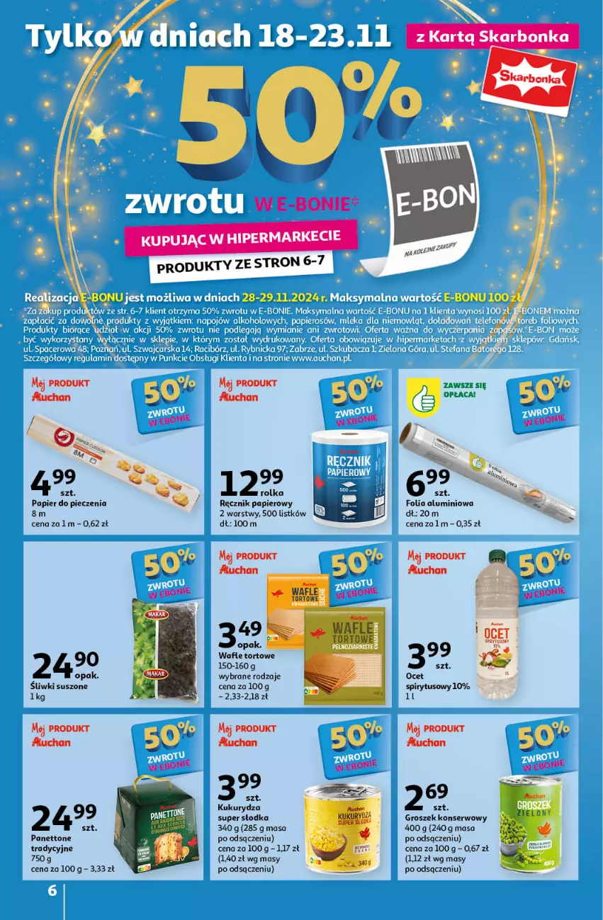 Gazetka promocyjna Auchan - Pewność Niskich Cen Hipermarket - ważna 21.11 do 27.11.2024 - strona 6 - produkty: Folia aluminiowa, Groszek, Kukurydza, Olej, Papier, Papier do pieczenia, Piec, Ręcznik, Ser, Wafle, Wafle tortowe