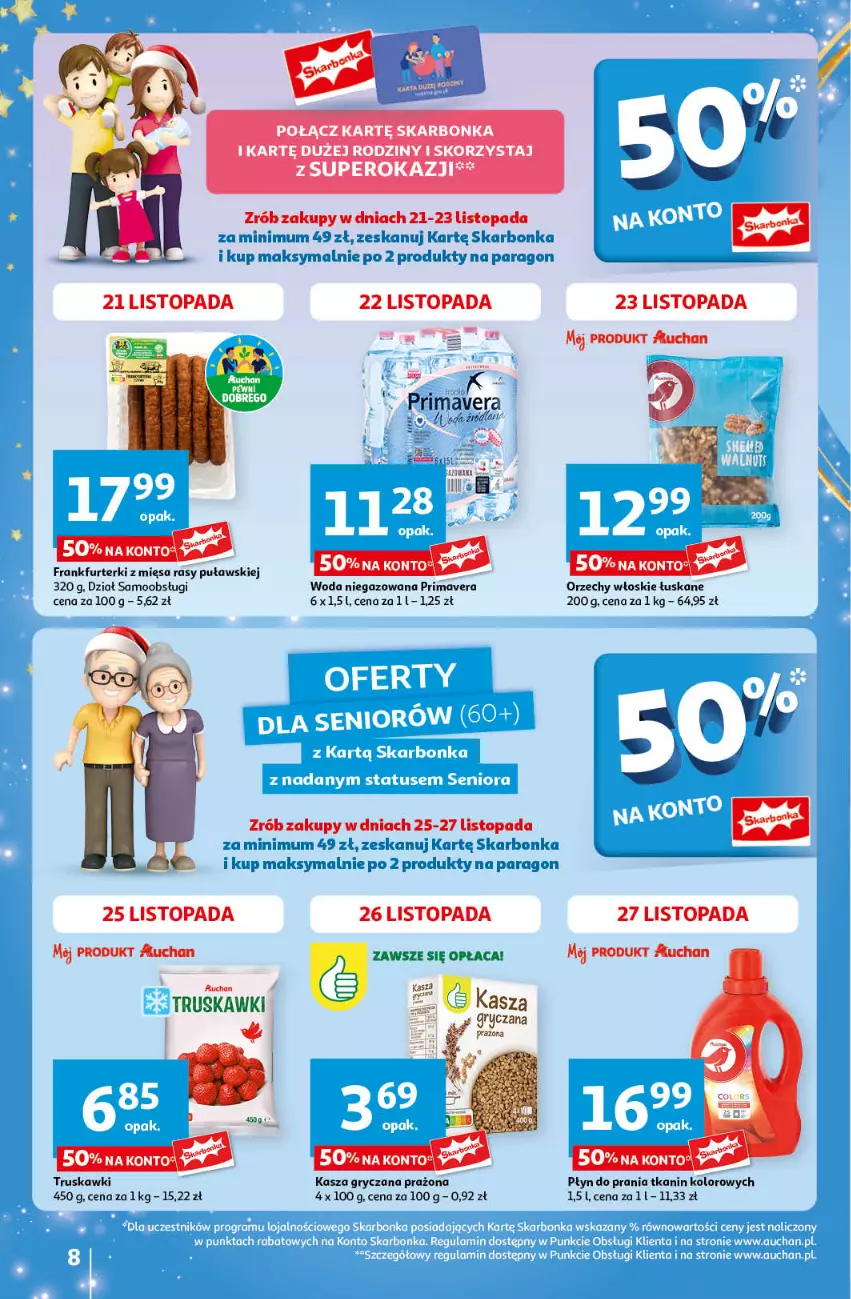 Gazetka promocyjna Auchan - Pewność Niskich Cen Hipermarket - ważna 21.11 do 27.11.2024 - strona 8 - produkty: Frankfurterki, Gry, Kasza, Kasza gryczana, Orzechy włoskie, Płyn do prania, Prima, Primavera, Top, Truskawki, Woda, Woda niegazowana