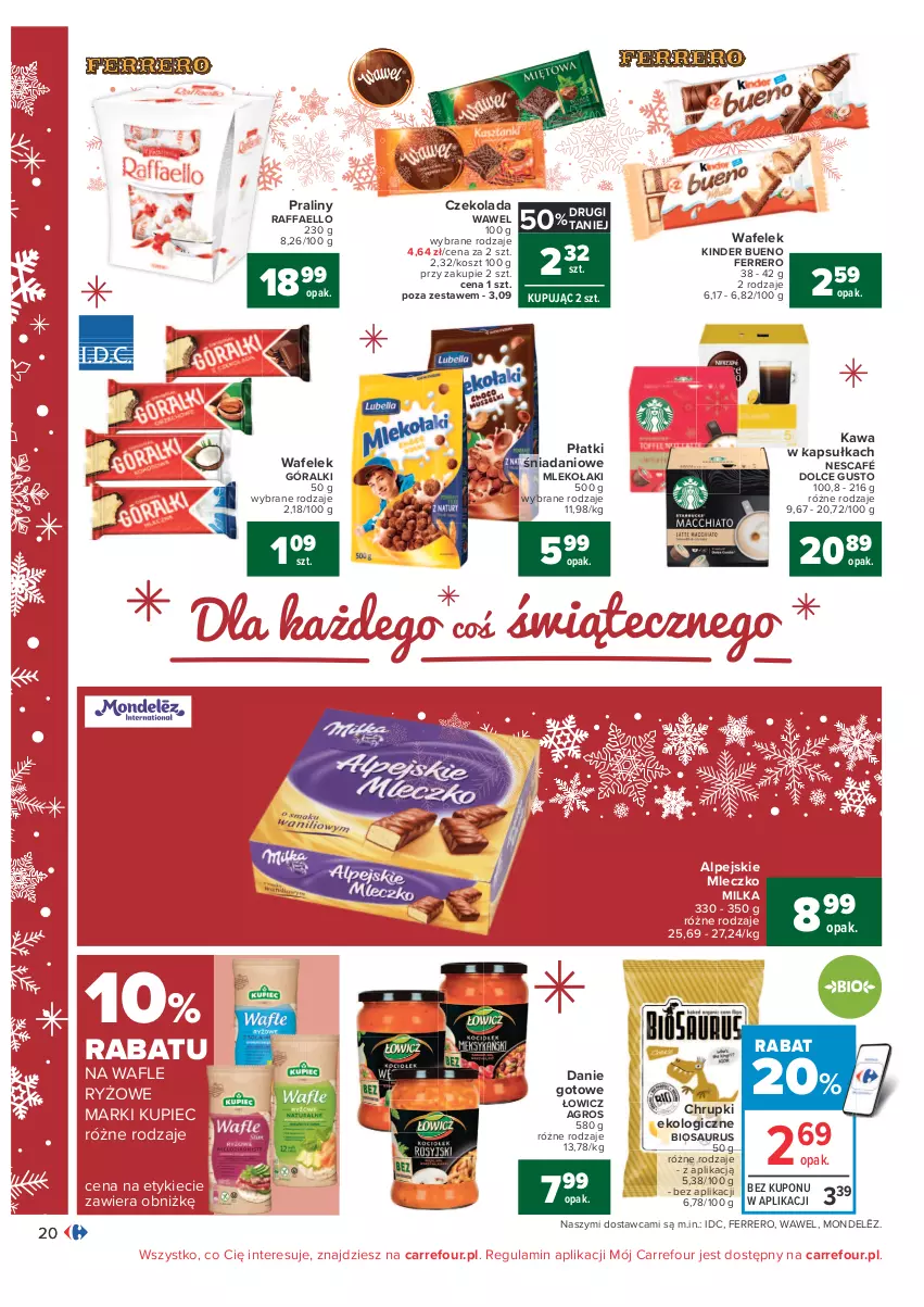 Gazetka promocyjna Carrefour - Gazetka Carrefour - ważna 07.12 do 12.12.2021 - strona 20 - produkty: Chrupki, Czekolada, Danie gotowe, Danio, Dolce Gusto, Fa, Ferrero, Góralki, Kawa, Kinder, Kinder Bueno, Kosz, Kupiec, Milka, Mleczko, Mleko, Nescafé, Piec, Praliny, Raffaello, Ryż, Wafelek, Wafle, Wawel