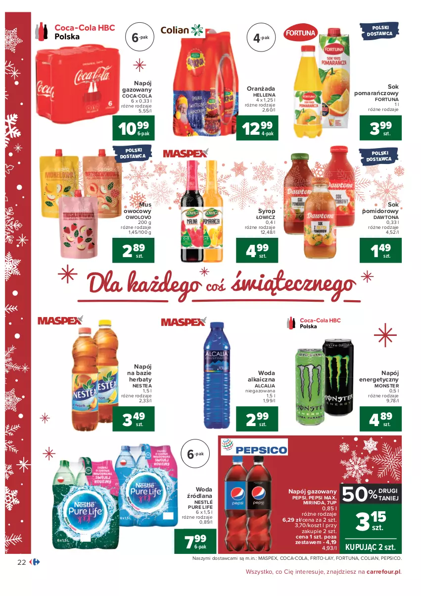 Gazetka promocyjna Carrefour - Gazetka Carrefour - ważna 07.12 do 12.12.2021 - strona 22 - produkty: 7up, Coca-Cola, Dawtona, Fortuna, Hellena, Kosz, LANA, Mirinda, Mus, Napój, Napój energetyczny, Napój gazowany, Nestea, Nestlé, Oranżada, Pepsi, Pepsi max, Pur, Sok, Sok pomarańczowy, Sok pomidorowy, Syrop, Woda