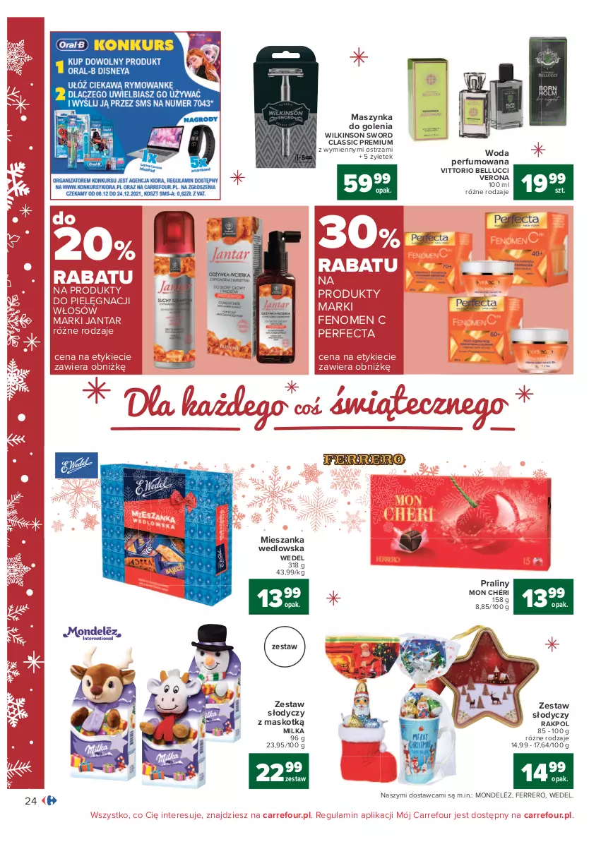 Gazetka promocyjna Carrefour - Gazetka Carrefour - ważna 07.12 do 12.12.2021 - strona 24 - produkty: Bell, Ferrero, Maszynka, Maszynka do golenia, Mieszanka wedlowska, Milka, Mon Chéri, Perfecta, Perfum, Praliny, Szynka, Wilkinson Sword, Woda, Woda perfumowana