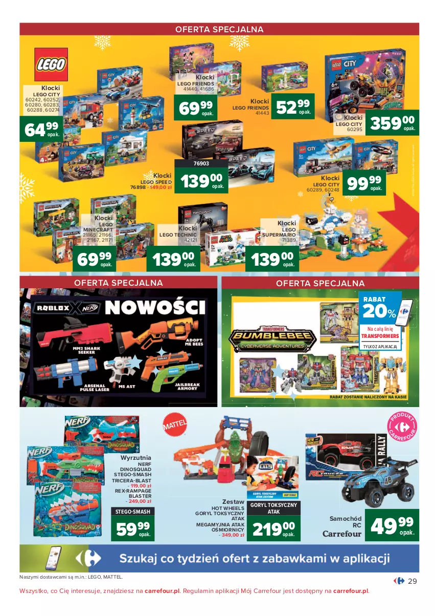 Gazetka promocyjna Carrefour - Gazetka Carrefour - ważna 07.12 do 12.12.2021 - strona 29 - produkty: Hot Wheels, Klocki, LEGO, LEGO City, LEGO Friends, LEGO Minecraft, LEGO Technic, Mattel, Minecraft, Nerf, Samochód, Squad, Tran, Transformers, Wyrzutnia