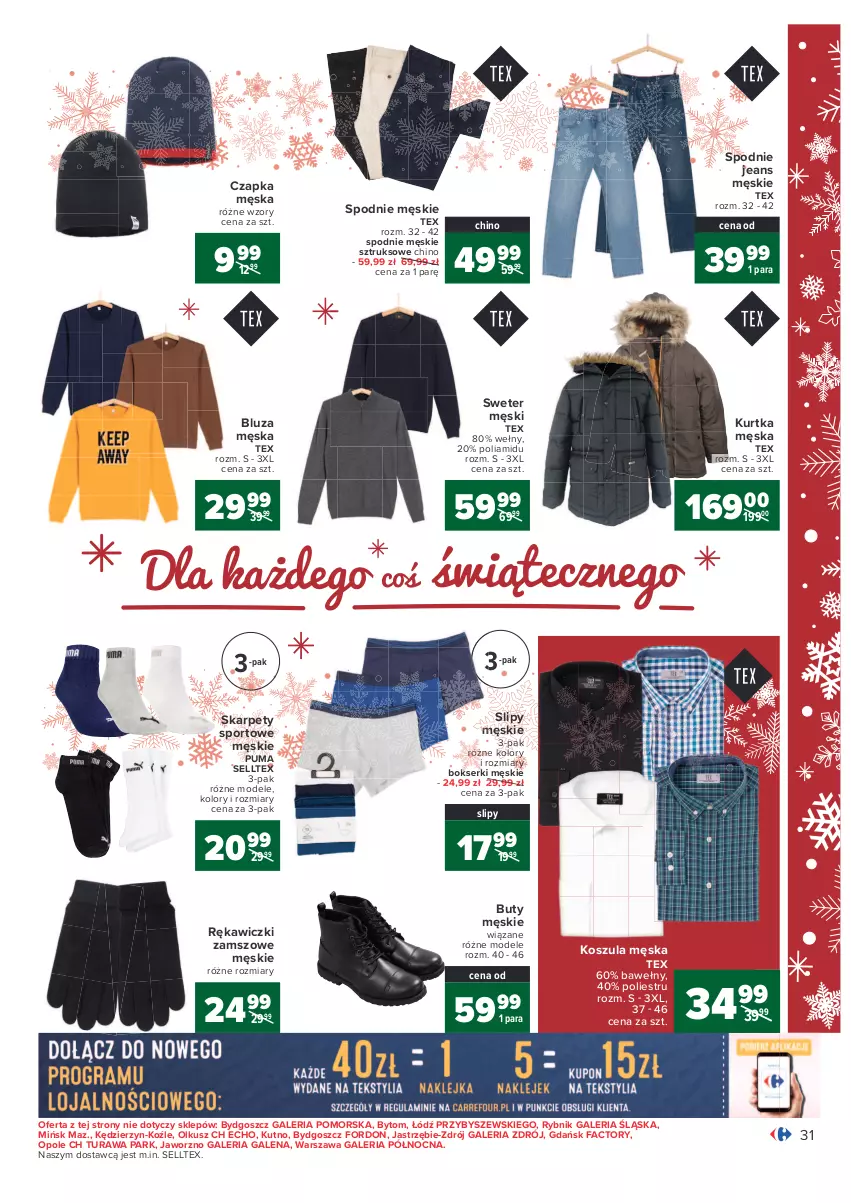 Gazetka promocyjna Carrefour - Gazetka Carrefour - ważna 07.12 do 12.12.2021 - strona 31 - produkty: Bluza, Bokserki, Buty, Czapka, Fa, Karp, Kosz, Koszula, Kurtka, Por, Puma, Ser, Slipy, Spodnie, Spodnie jeans, Sport, Sweter